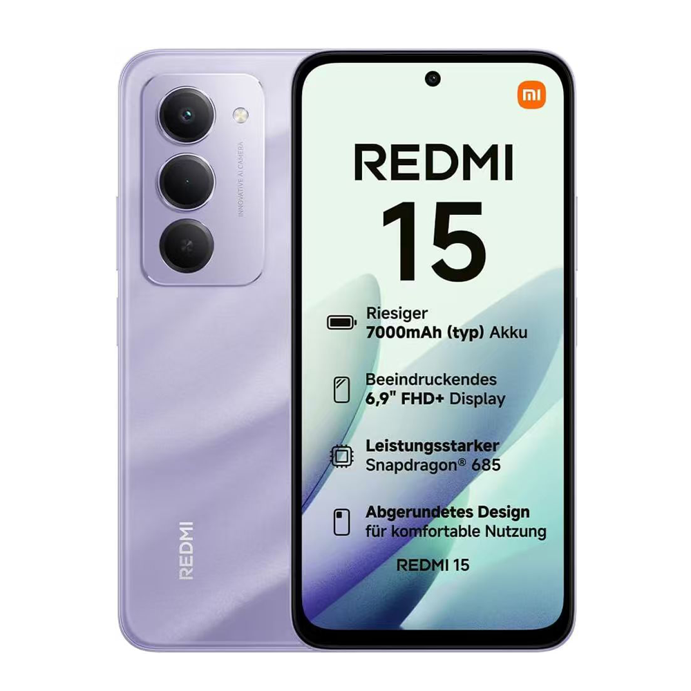 Ein lila Redmi 15 Handy mit drei Kameras und einem großen Display.