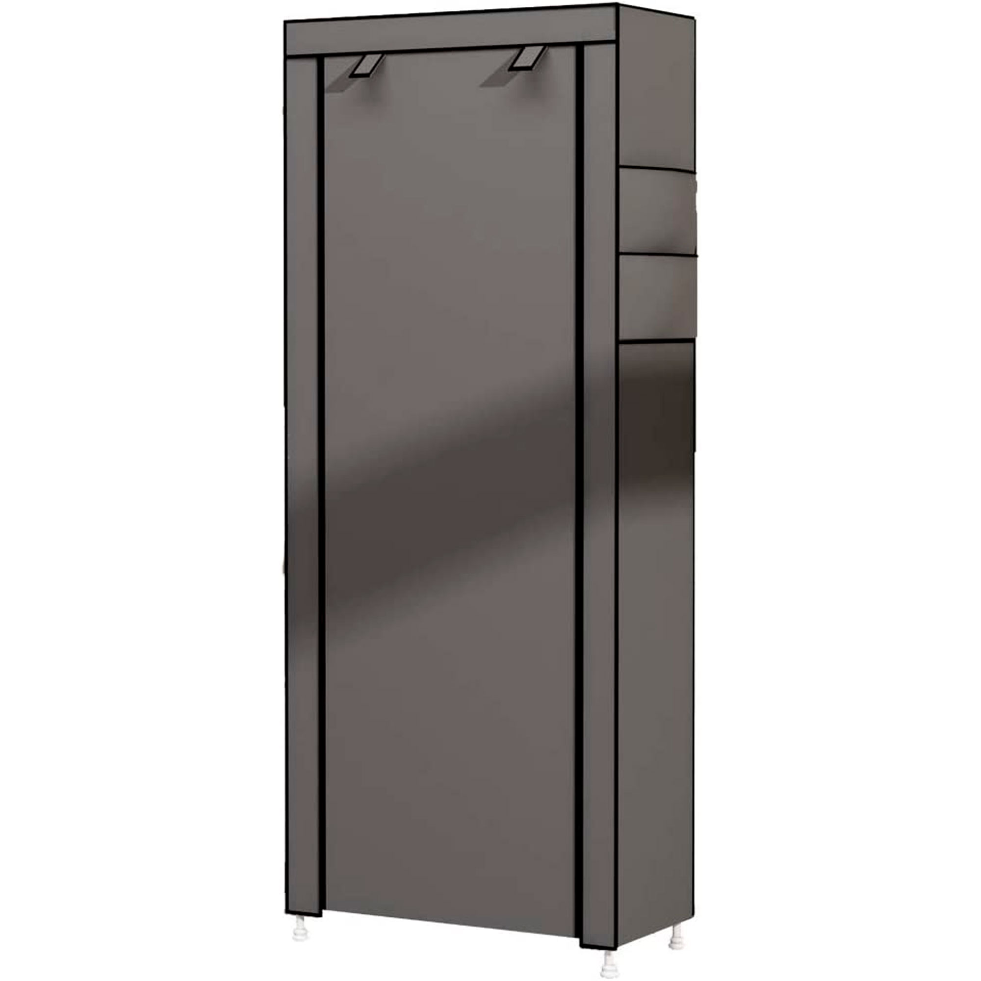 Un armario de tela gris con dos puertas y tres estantes abiertos al lado.