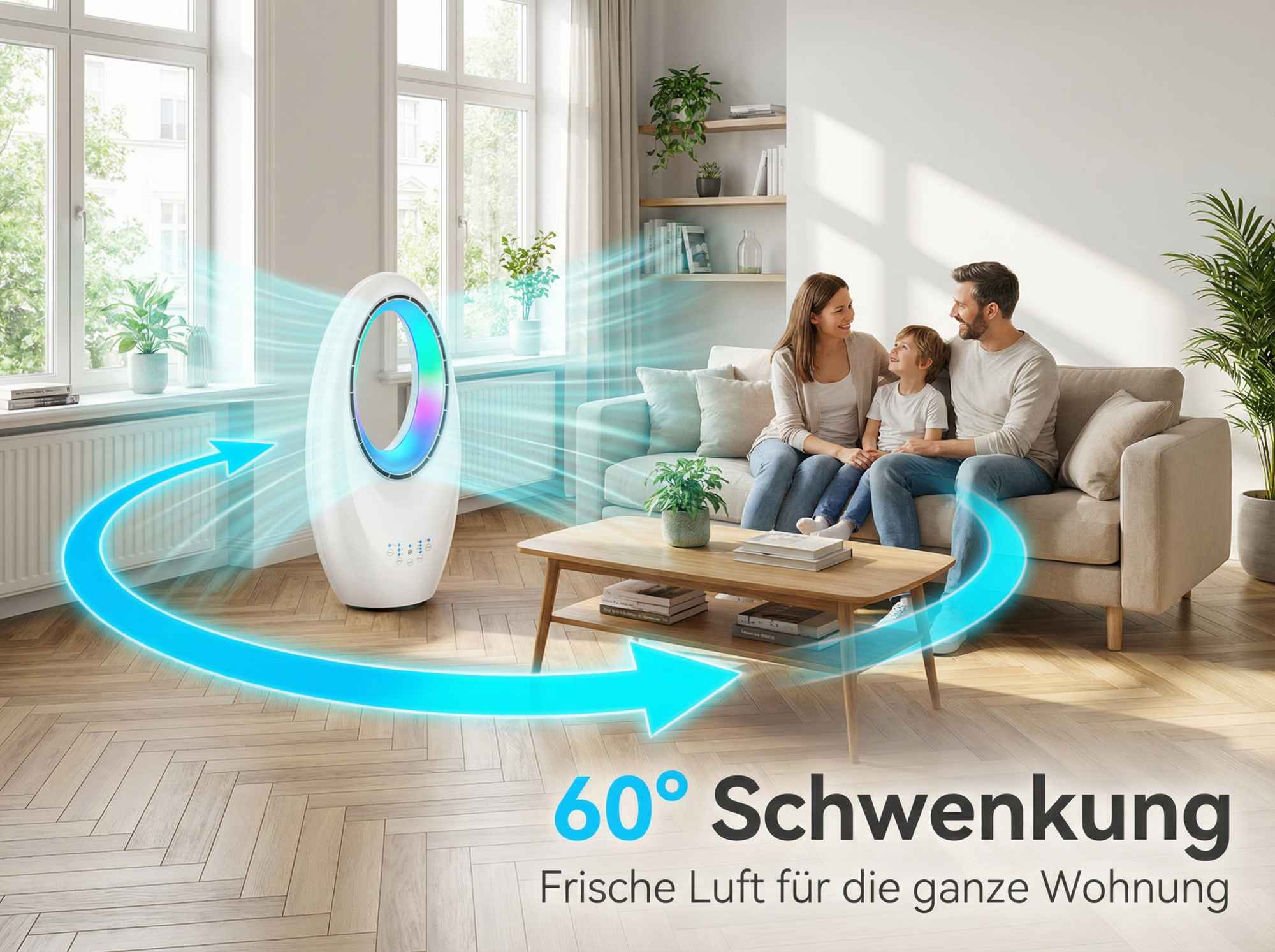 Familie auf Couch, Ventilator mit Luftstrom und bunter Beleuchtung, Text.