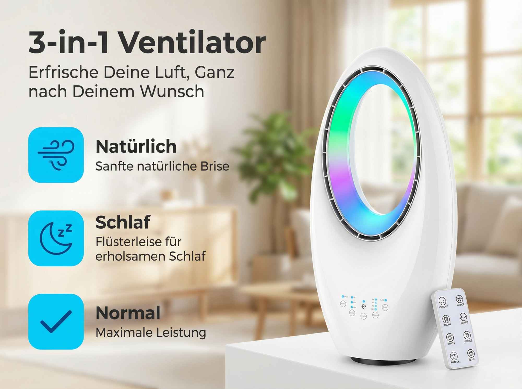 Ein weißer Ventilator mit Farbwechsel-LED und Fernbedienung steht auf einem Tisch.