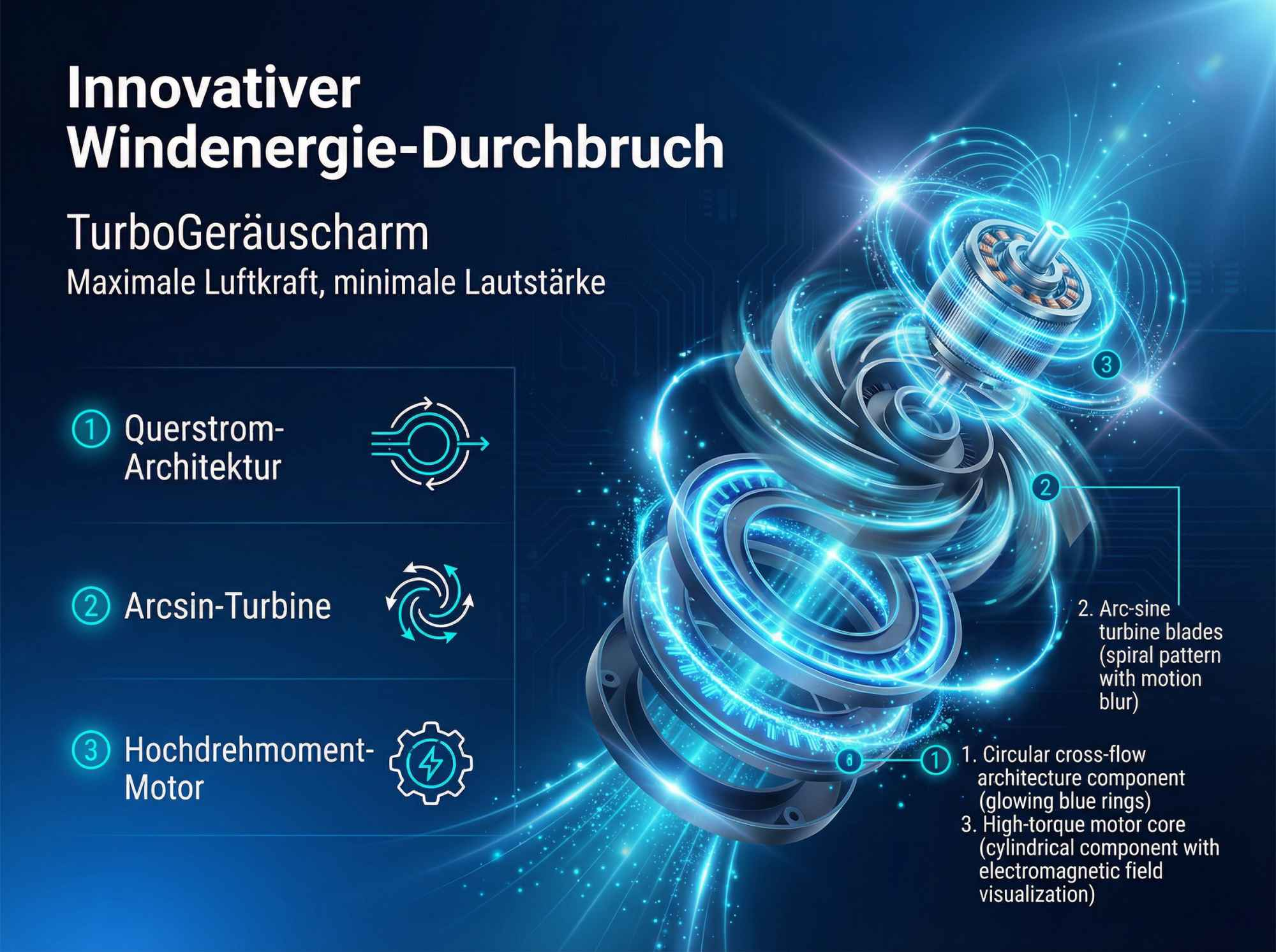 Abstraktes Bild einer Windturbine mit leuchtenden blauen Linien und Text.