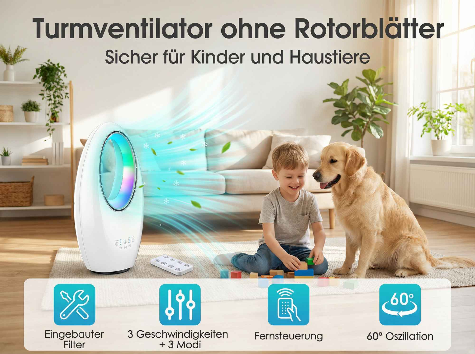 Ein weißer Turmventilator beleuchtet mit LEDs neben einem Jungen und Hund.