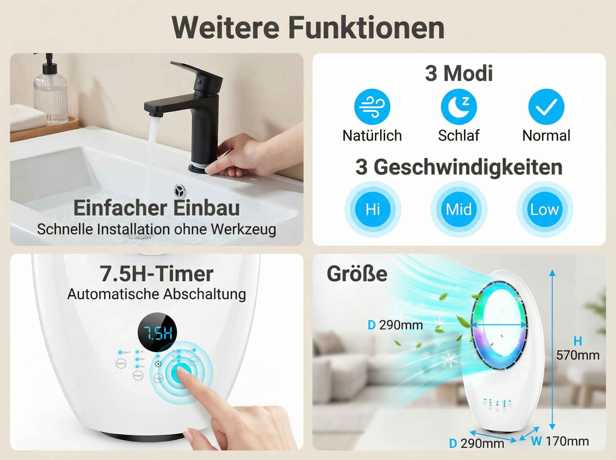 Produktfeatures: Wasserhahn, Timer, Lüftermodi und -geschwindigkeiten, Maße.