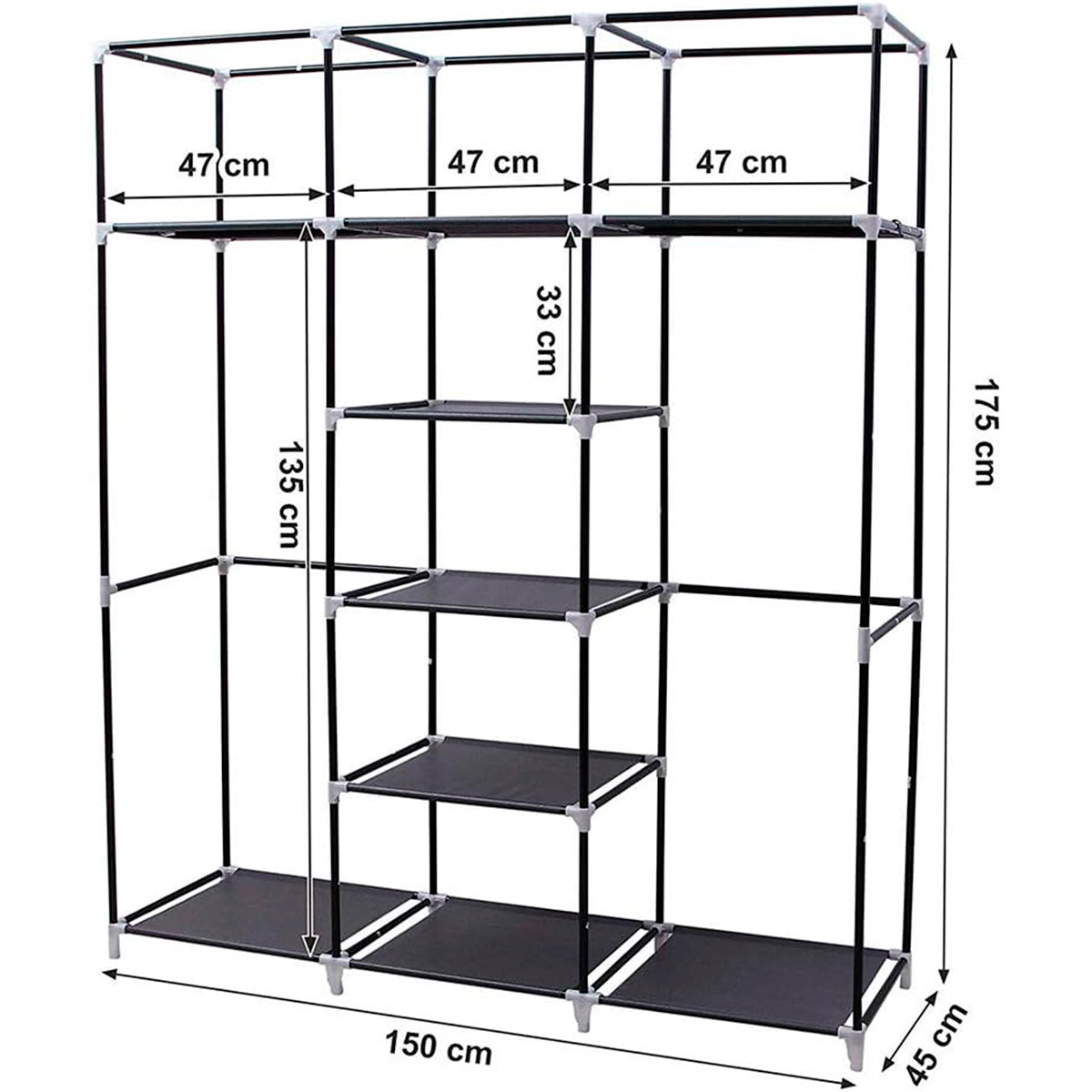Estantería negra, 150x45x175 cm, con 5 estantes, 33 cm de espacio.