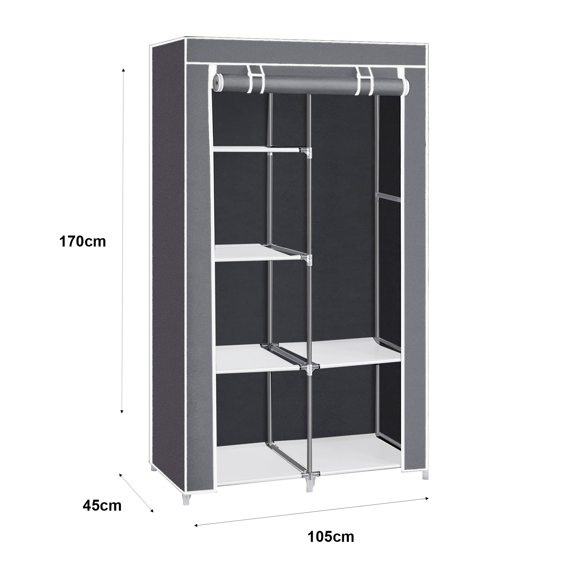 Armario de tela gris con estantes blancos y barra para colgar. Dimensiones: 170x105x45cm.