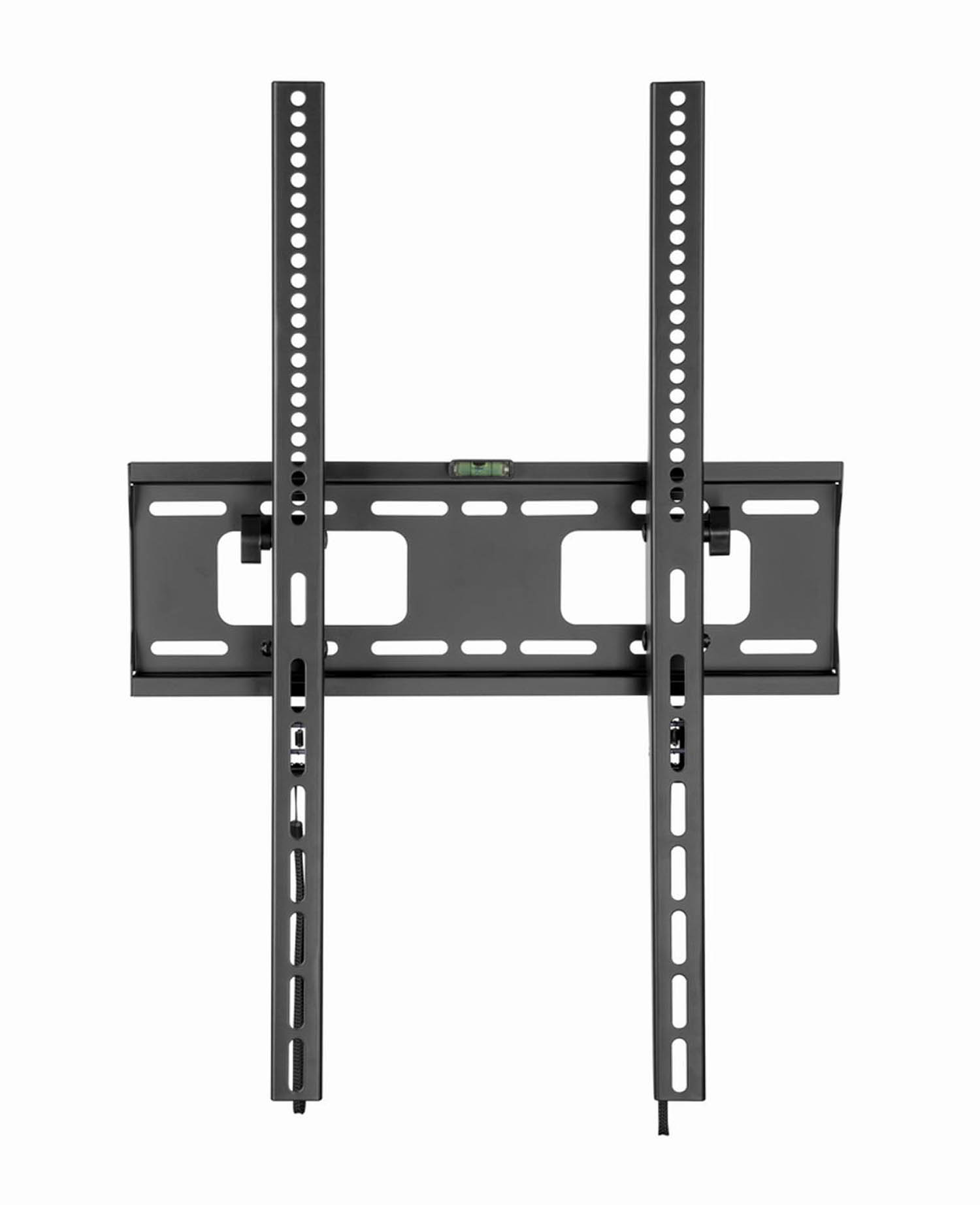 A black, adjustable TV wall mount with a spirit level, isolated on a white background.