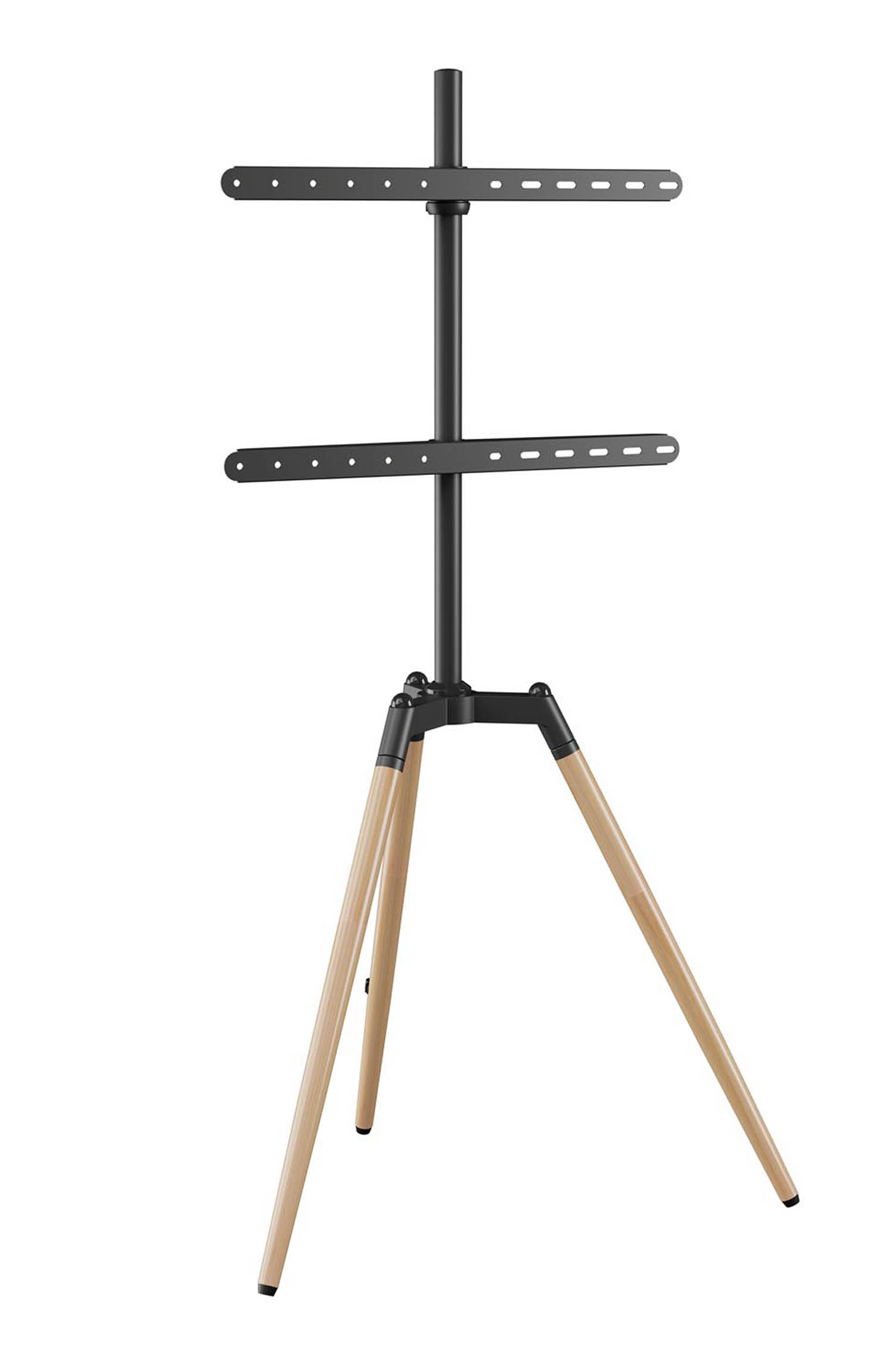 Zwarte tv-standaard met houten poten op witte achtergrond.