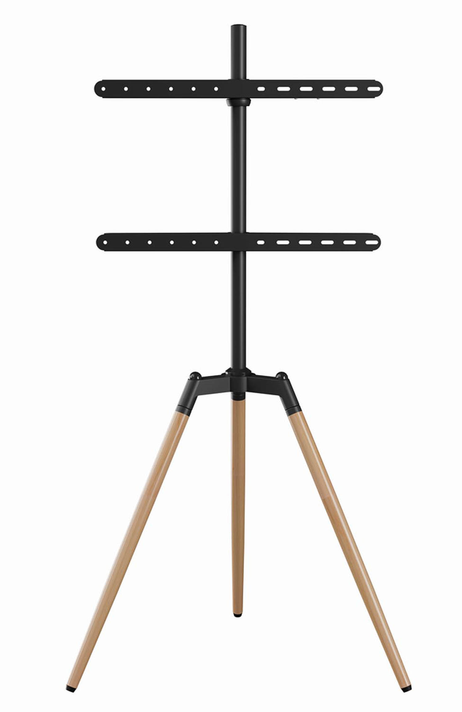Een zwarte tv-standaard met houten poten en twee horizontale beugels.