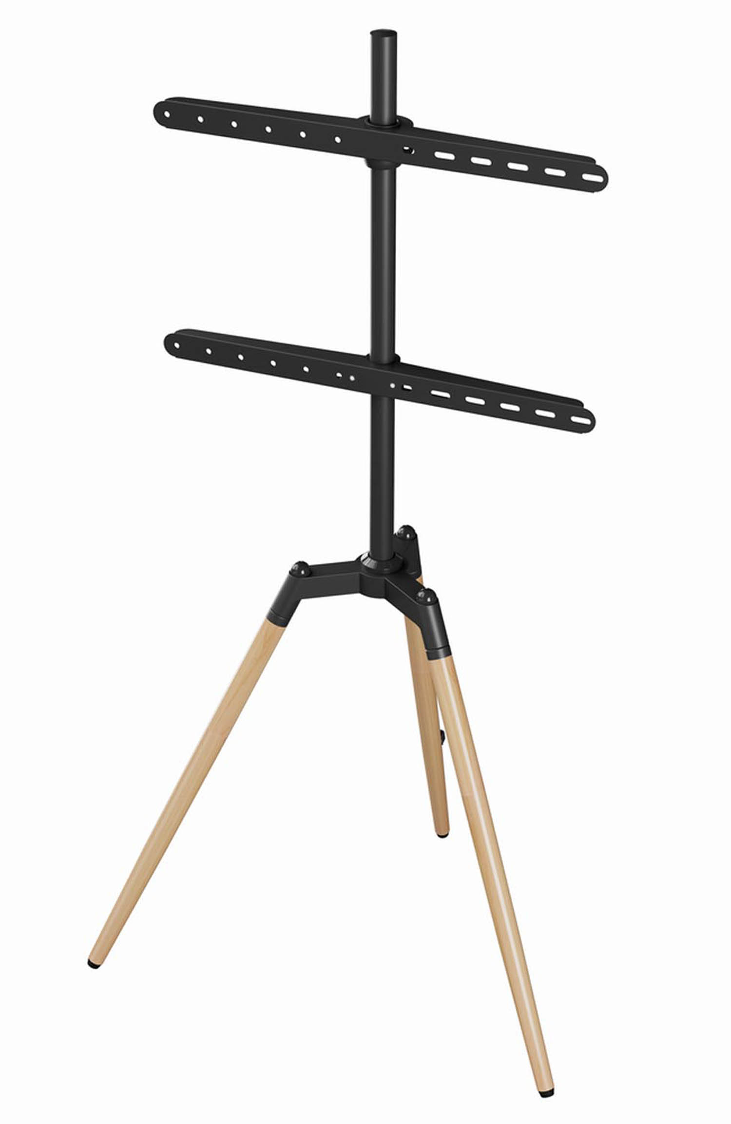 Zwarte driepoot TV-standaard met twee horizontale armen voor schermmontage.