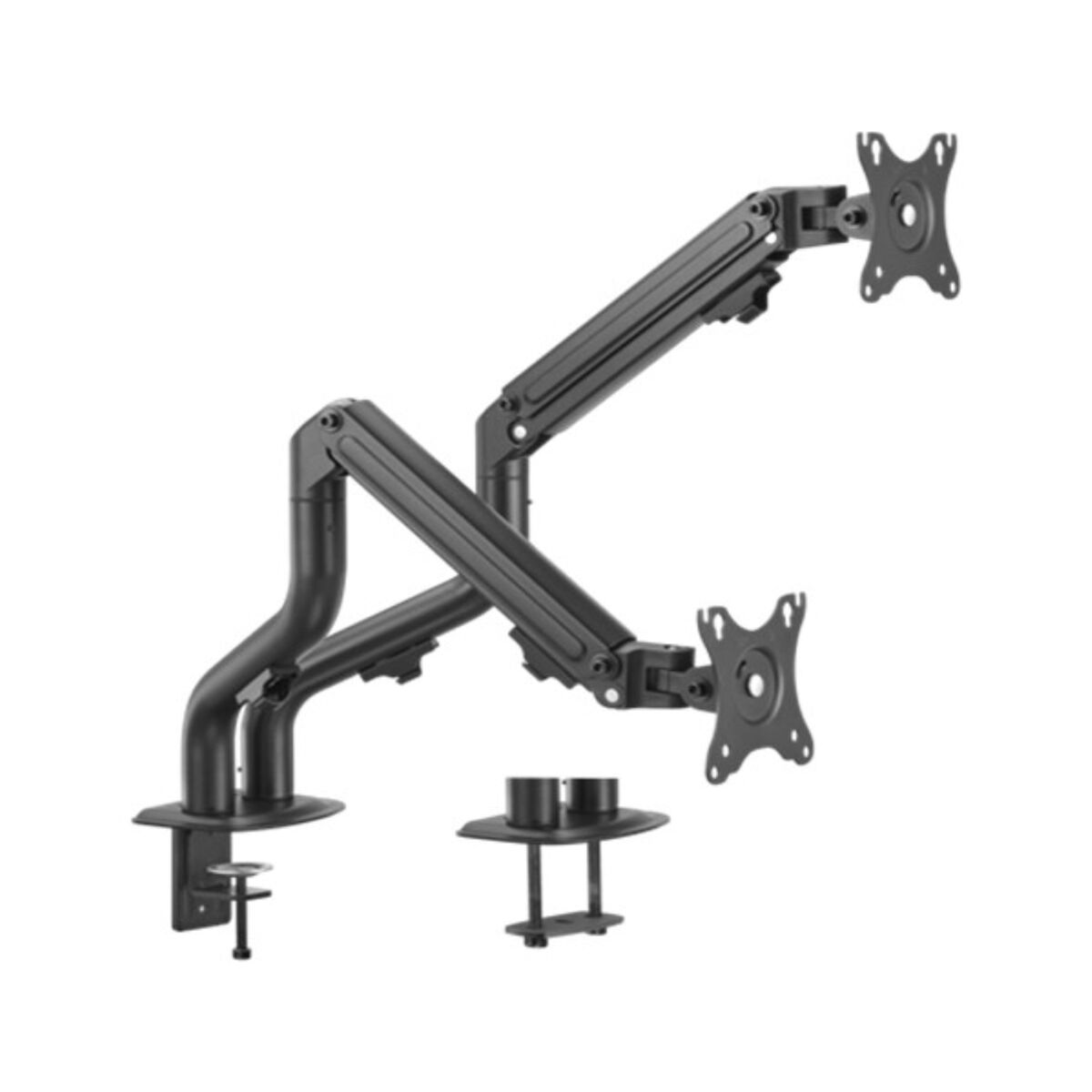 A black dual monitor arm with two arms and a desk clamp.