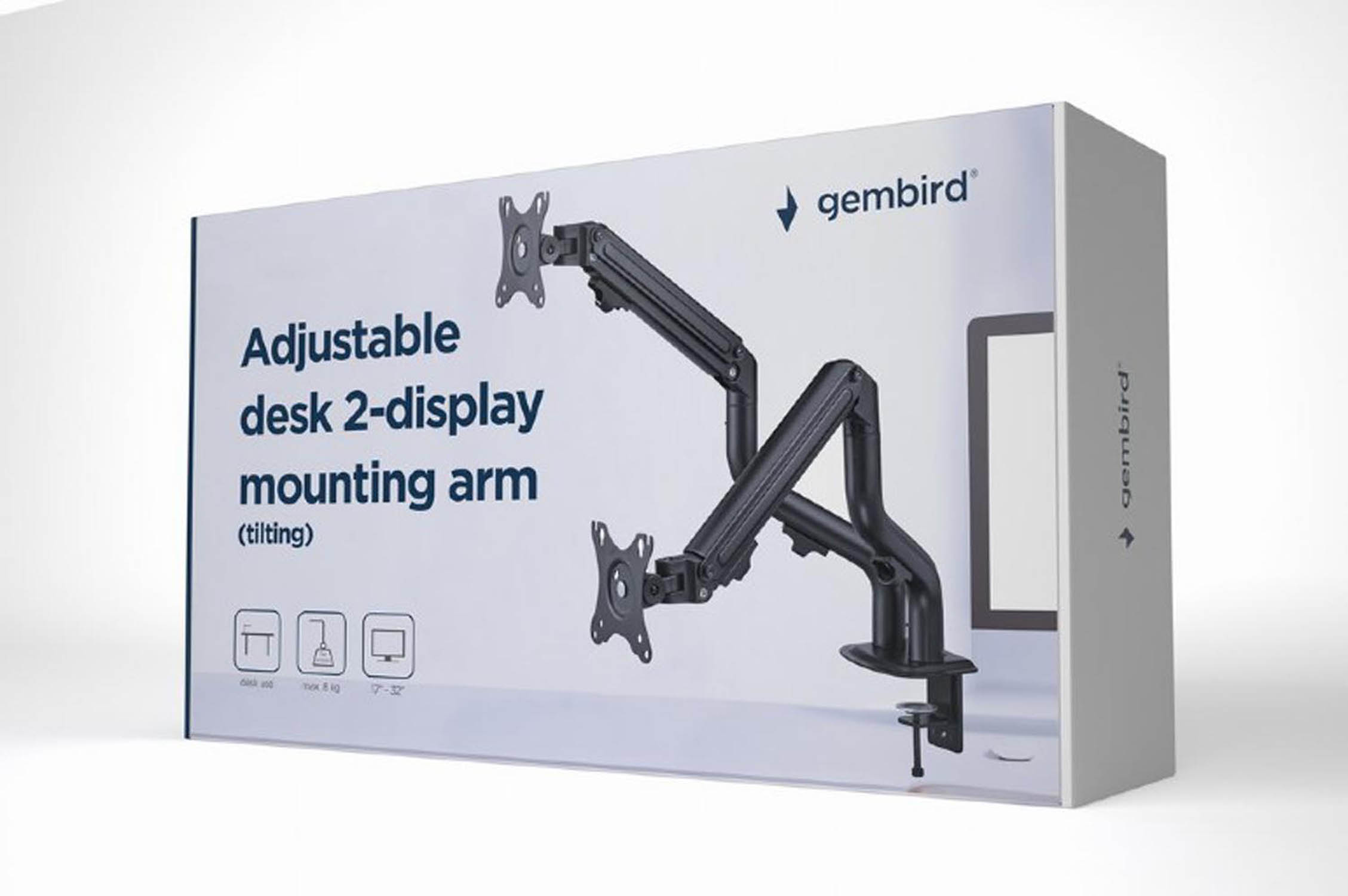 Adjustable black dual-display desk mounting arm by Gembird, shown on box.