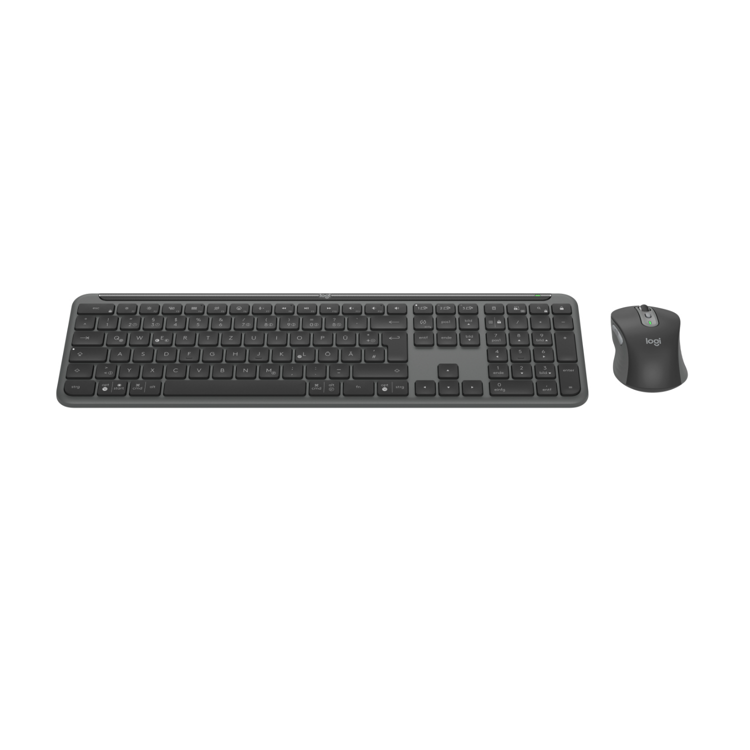 Eine dunkle Tastatur und Maus von Logitech auf weißem Hintergrund.