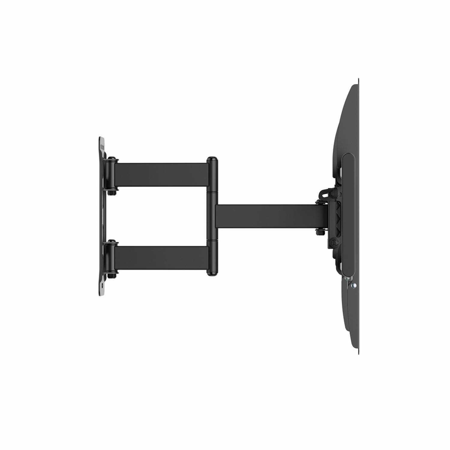 Un support mural TV articulé noir avec bras extensible, fixé à un mur.
