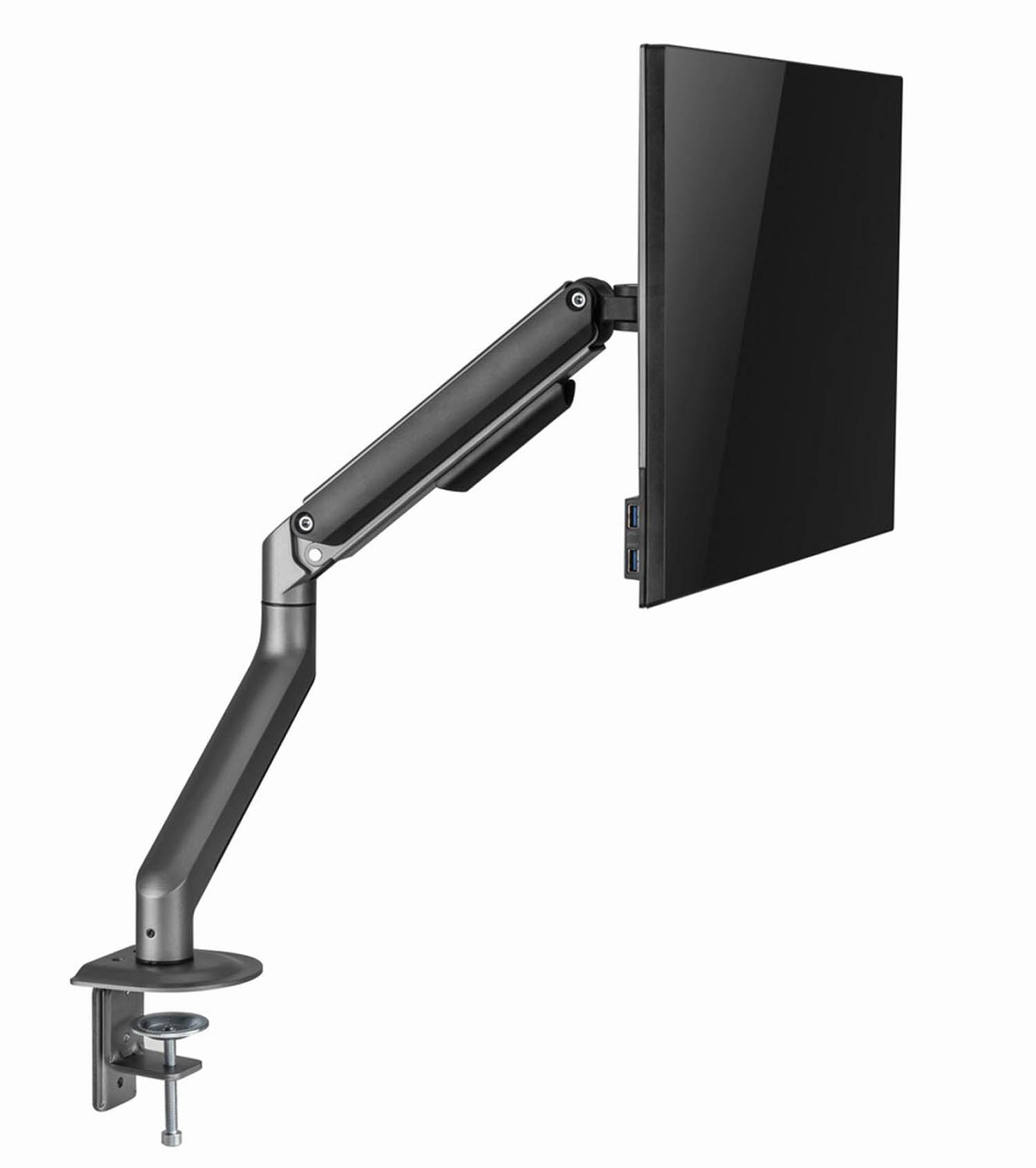 A flexible monitor arm with USB ports, clamped to a desk. Gray metal.