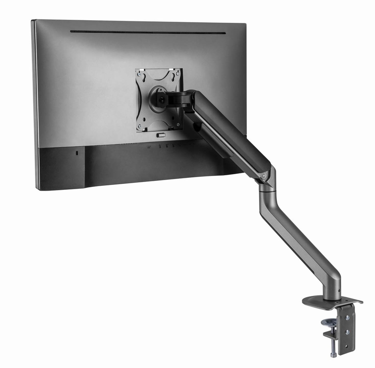 Monitor arm with clamp attached to the back of a monitor.