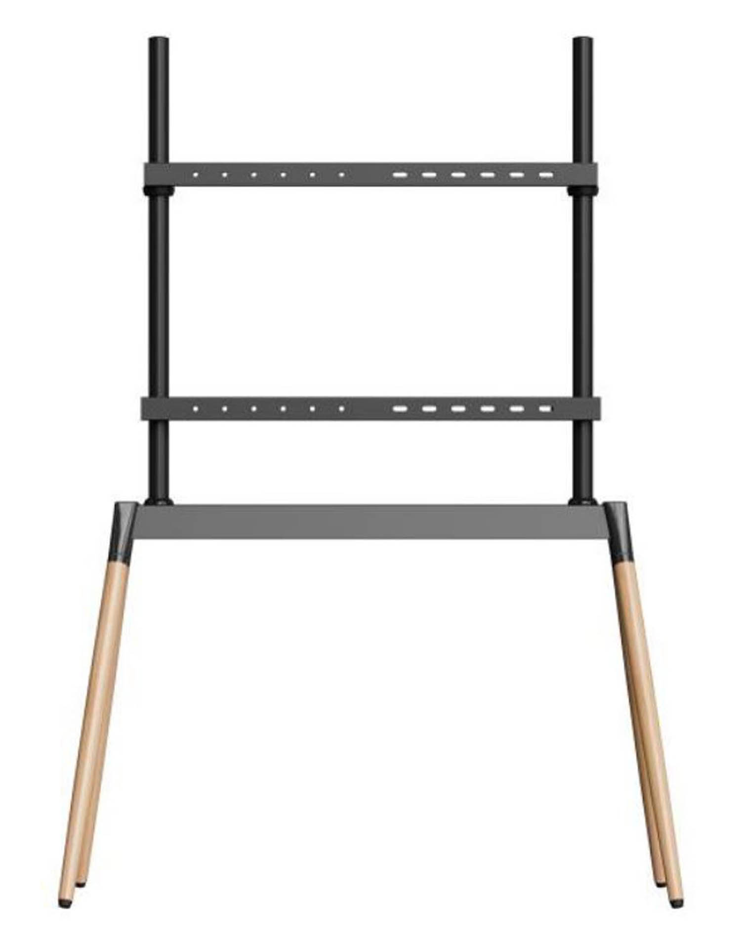 Zwarte tv-standaard met houten poten en twee planken. Witte achtergrond.