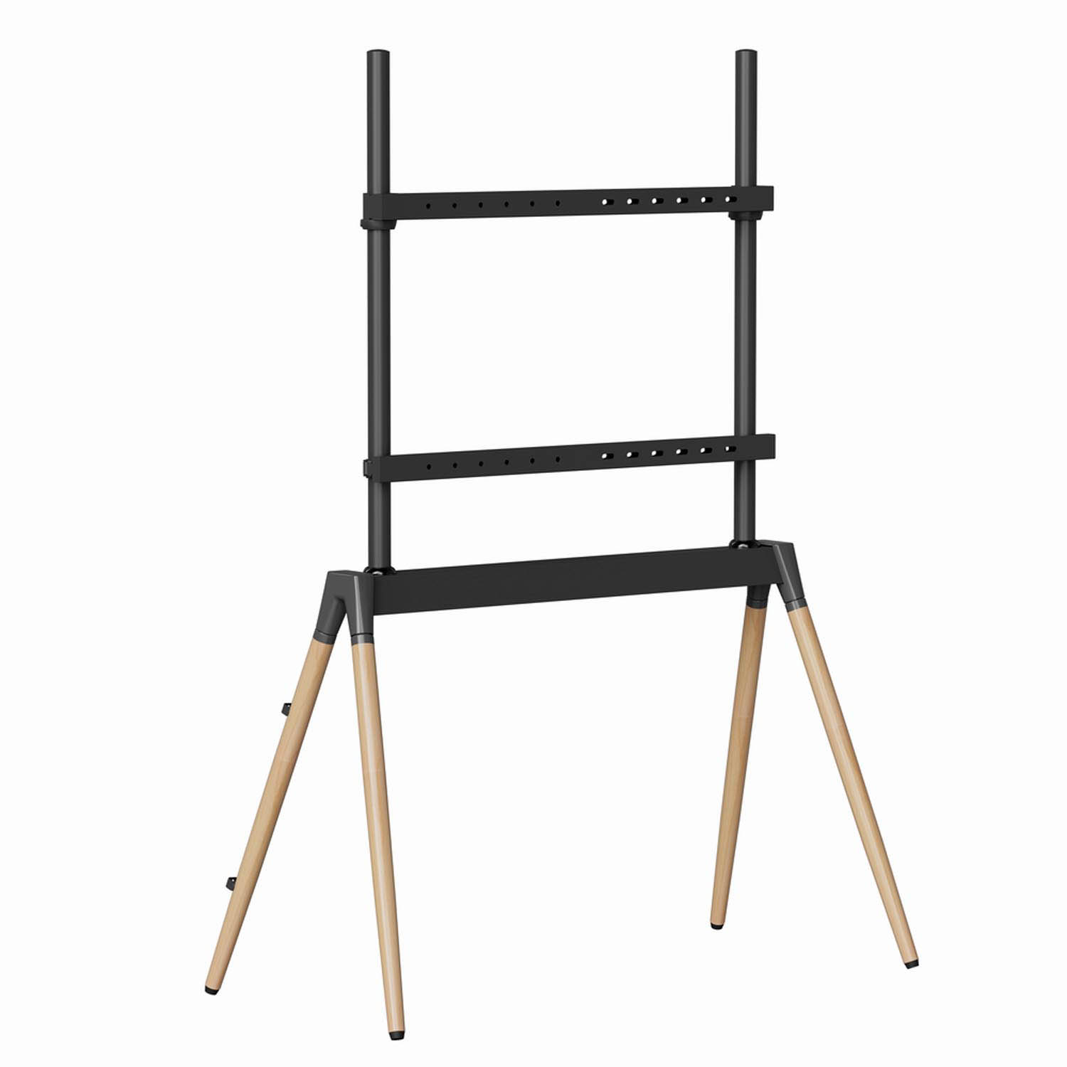 Een zwarte tv-standaard met houten poten staat op een witte achtergrond.