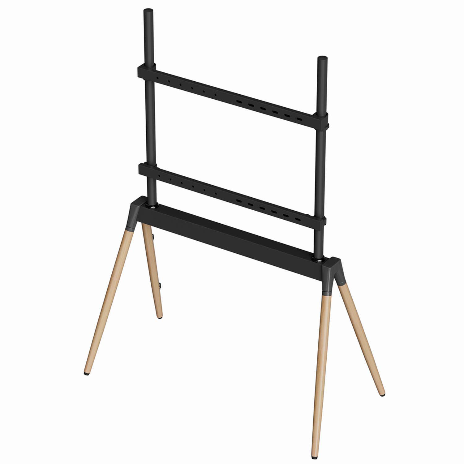 Een zwarte tv-standaard met houten poten.