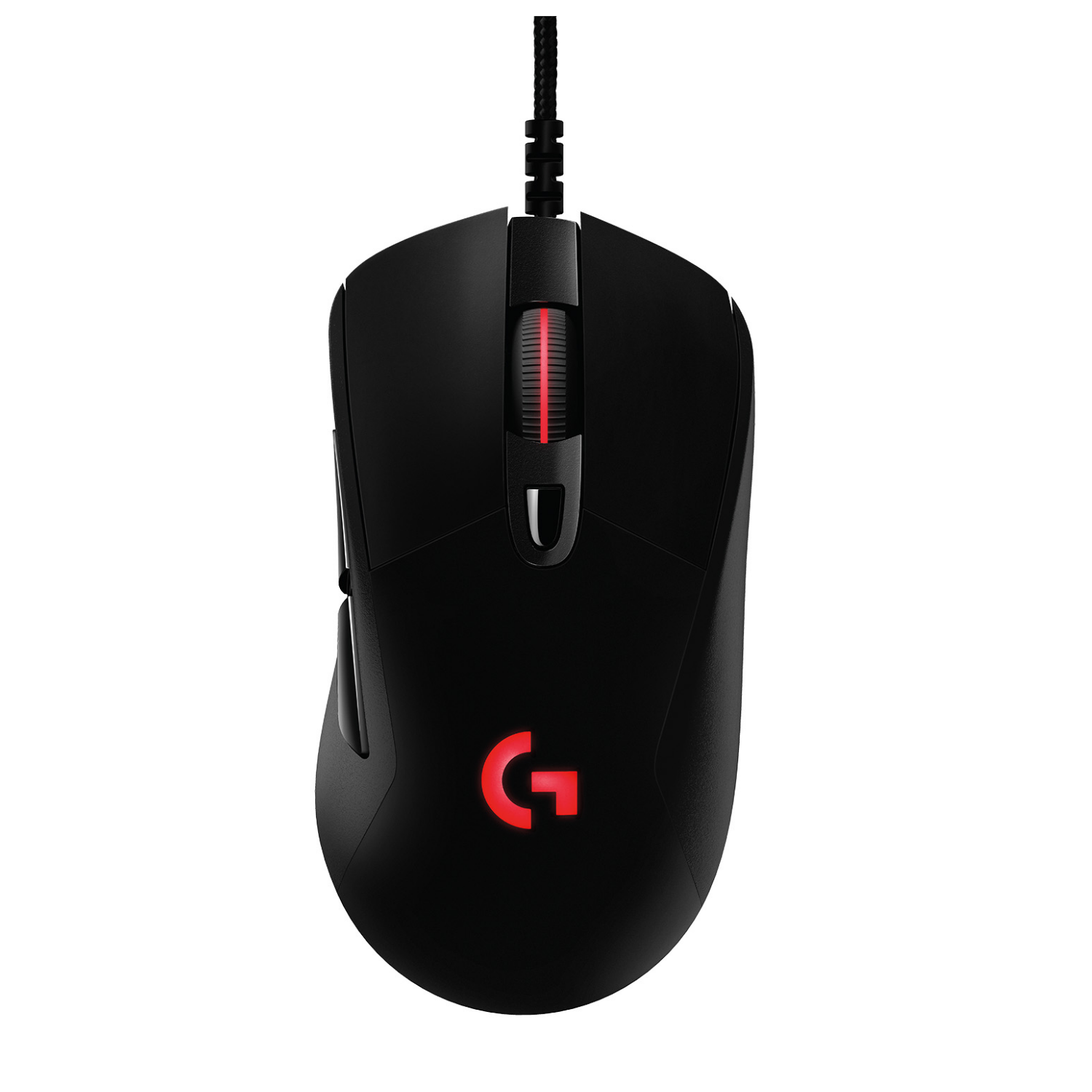 Czarna mysz gamingowa z czerwonymi podświetlanymi elementami i logo.