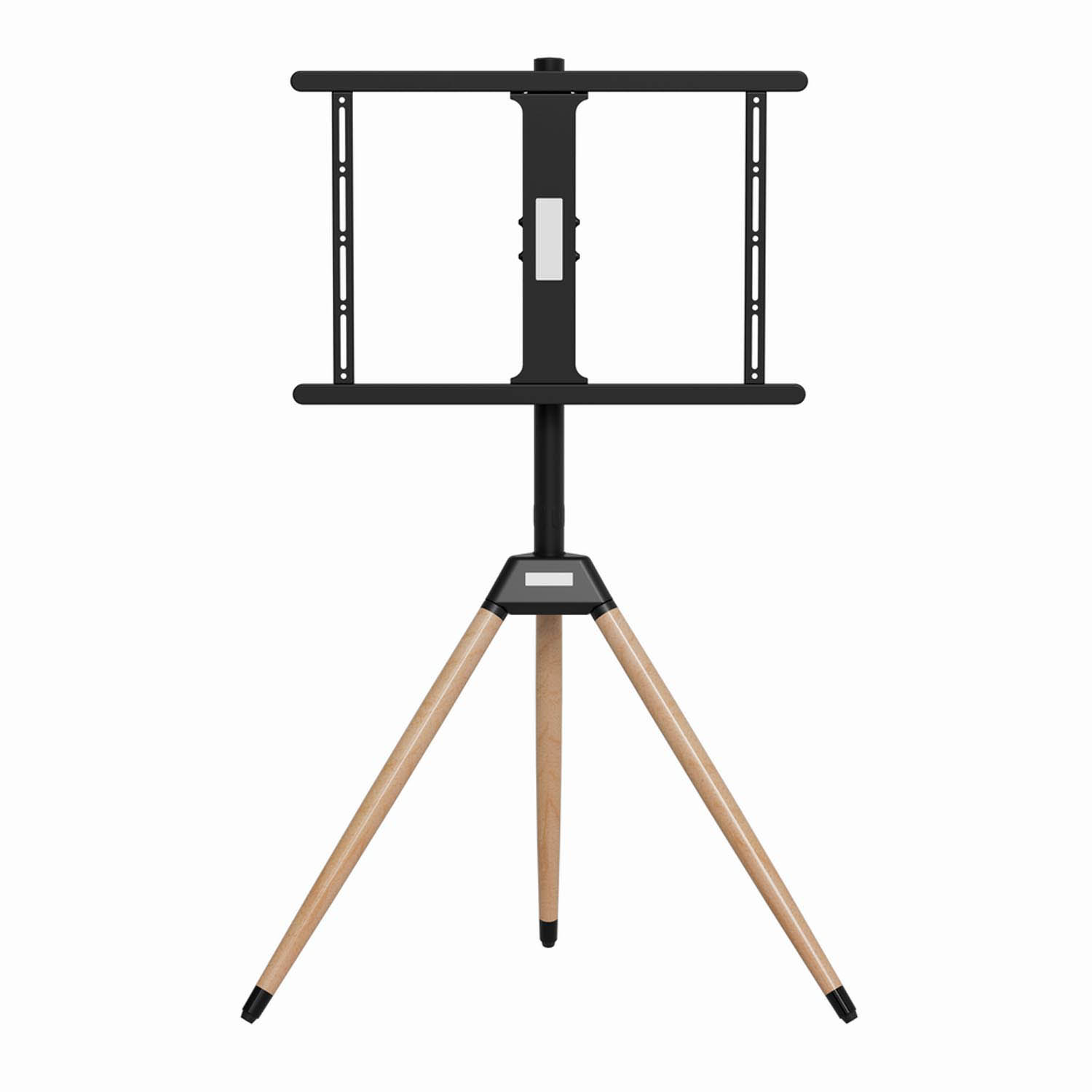 A black TV stand with three wooden legs on a white background.