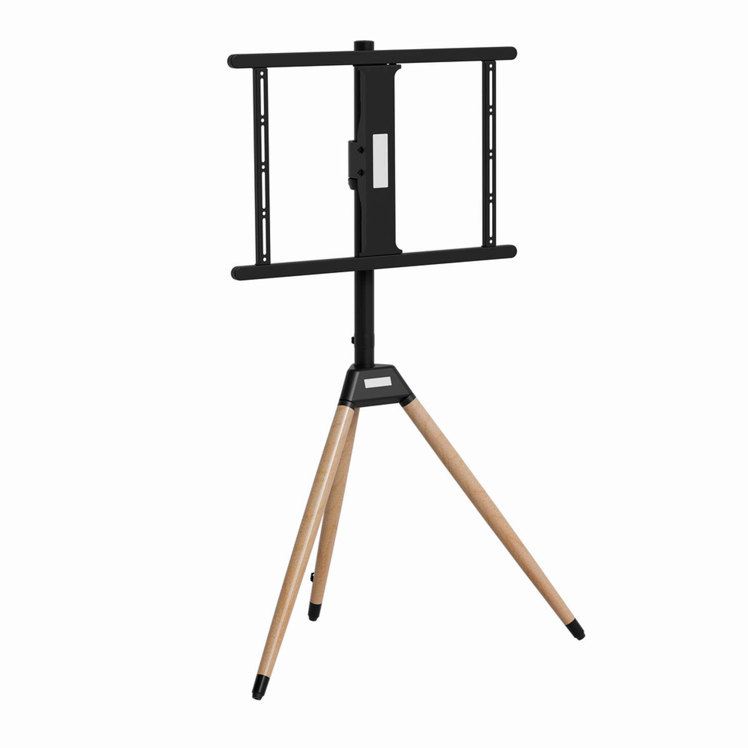 A black TV stand with tripod-style wooden legs.