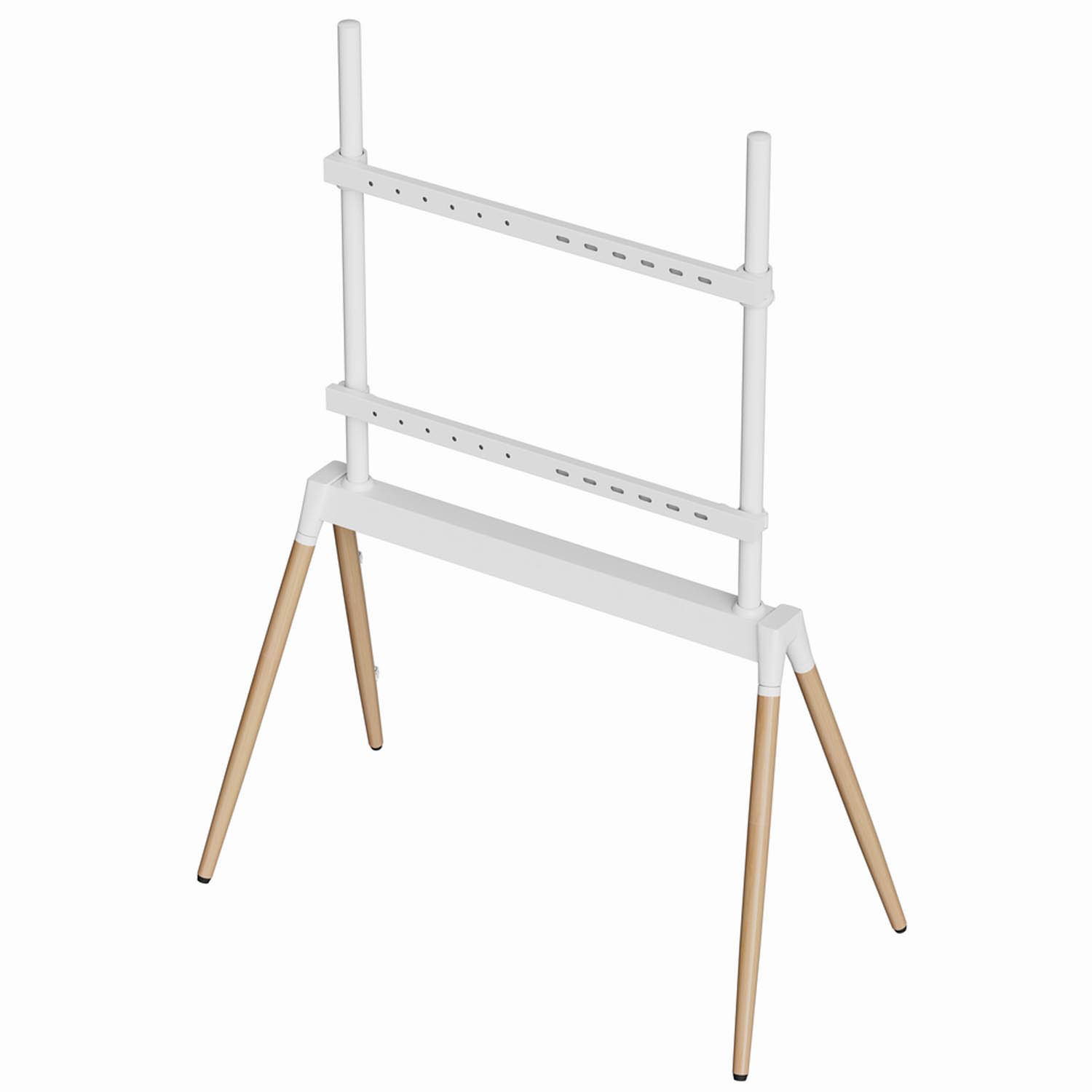 Witte tv-standaard met houten poten en verstelbare montagebalken.