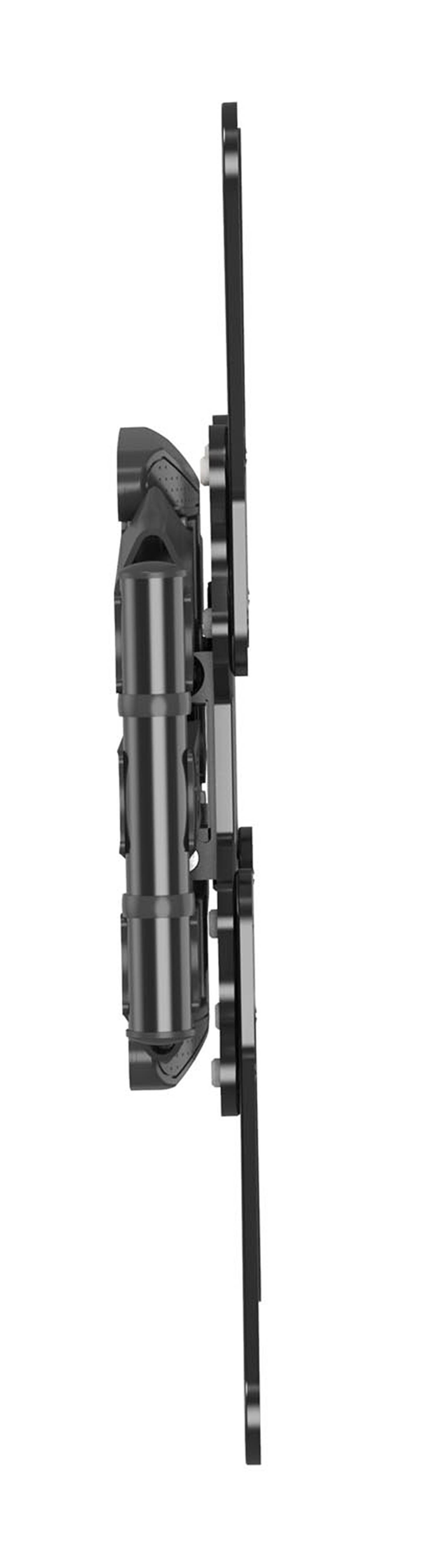A black, adjustable metal TV wall mount with an articulated arm.