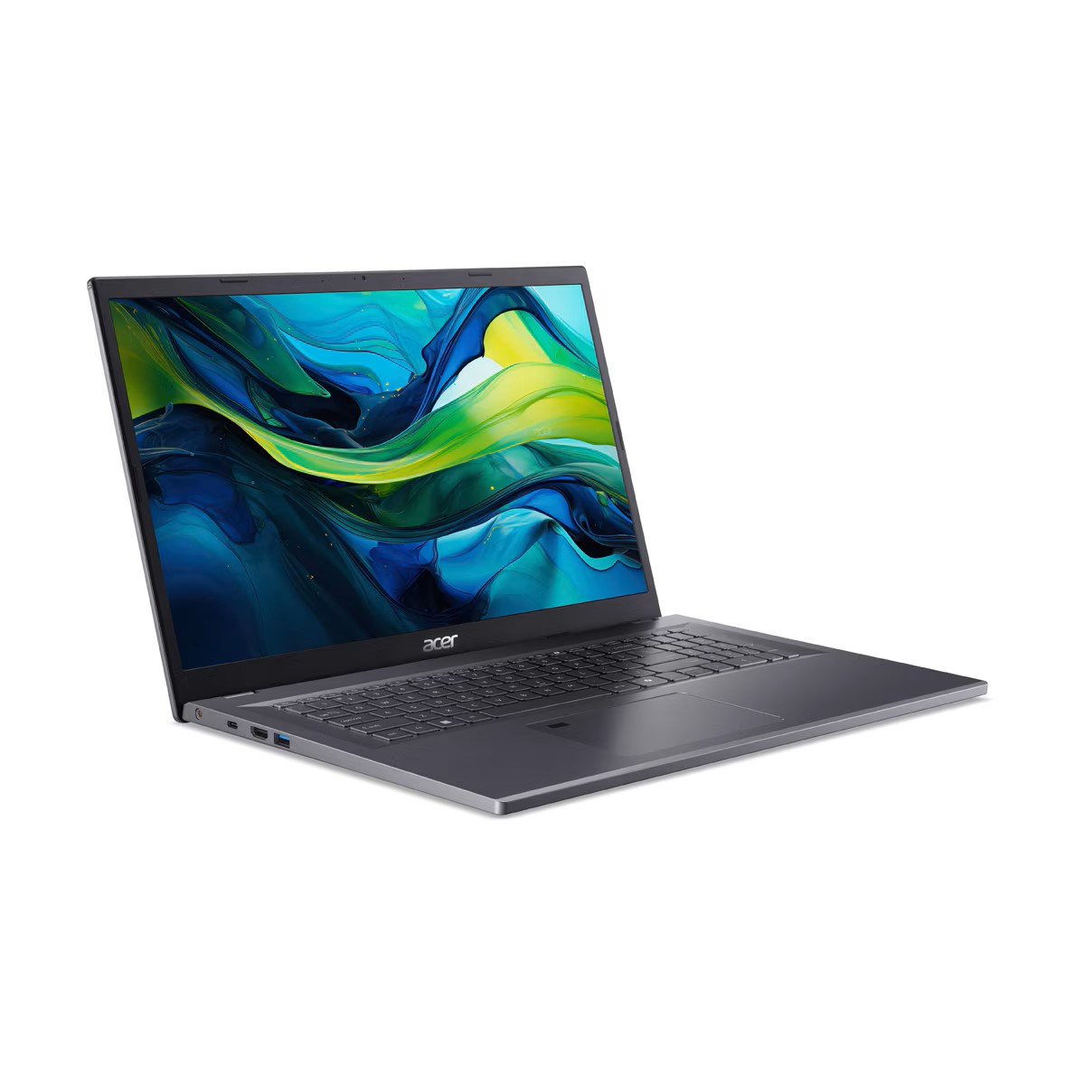 Ein dunkler Acer Laptop mit einem bunten, abstrakten Hintergrund auf dem Bildschirm.