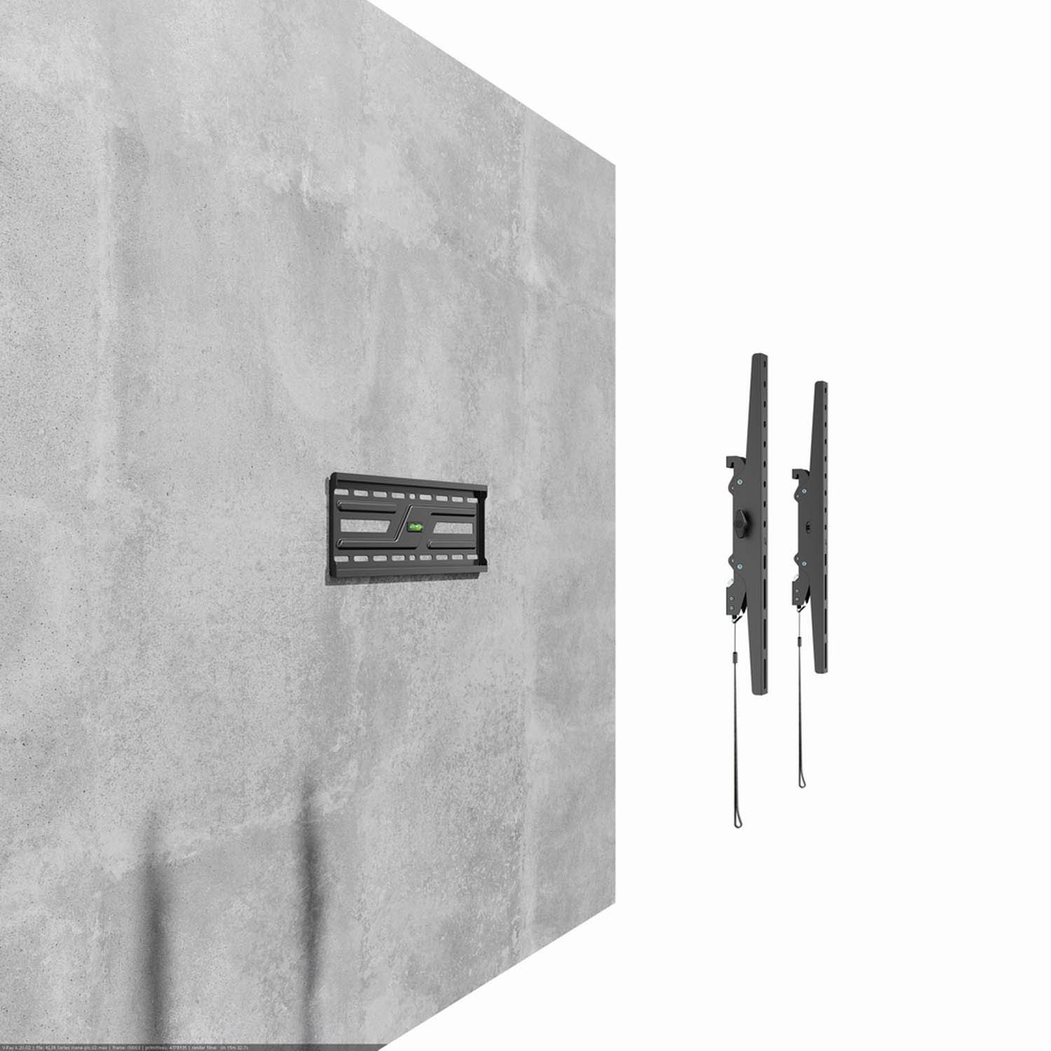 A gray concrete wall with a black TV mount and two matching mounts beside it.