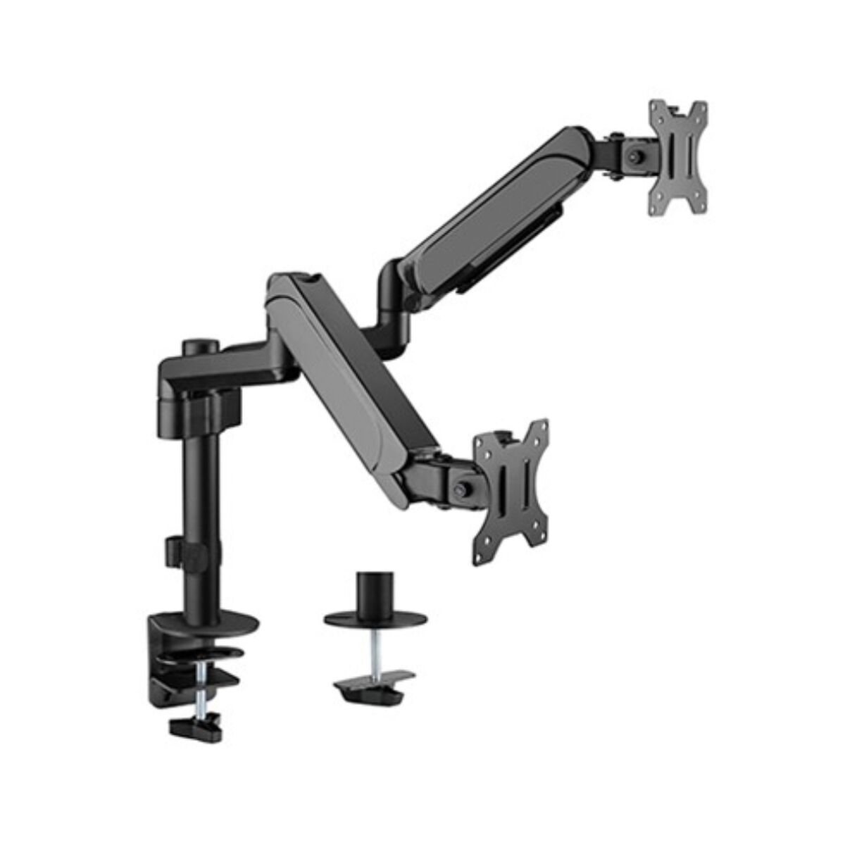 A black dual monitor desk mount with adjustable arms and brackets.