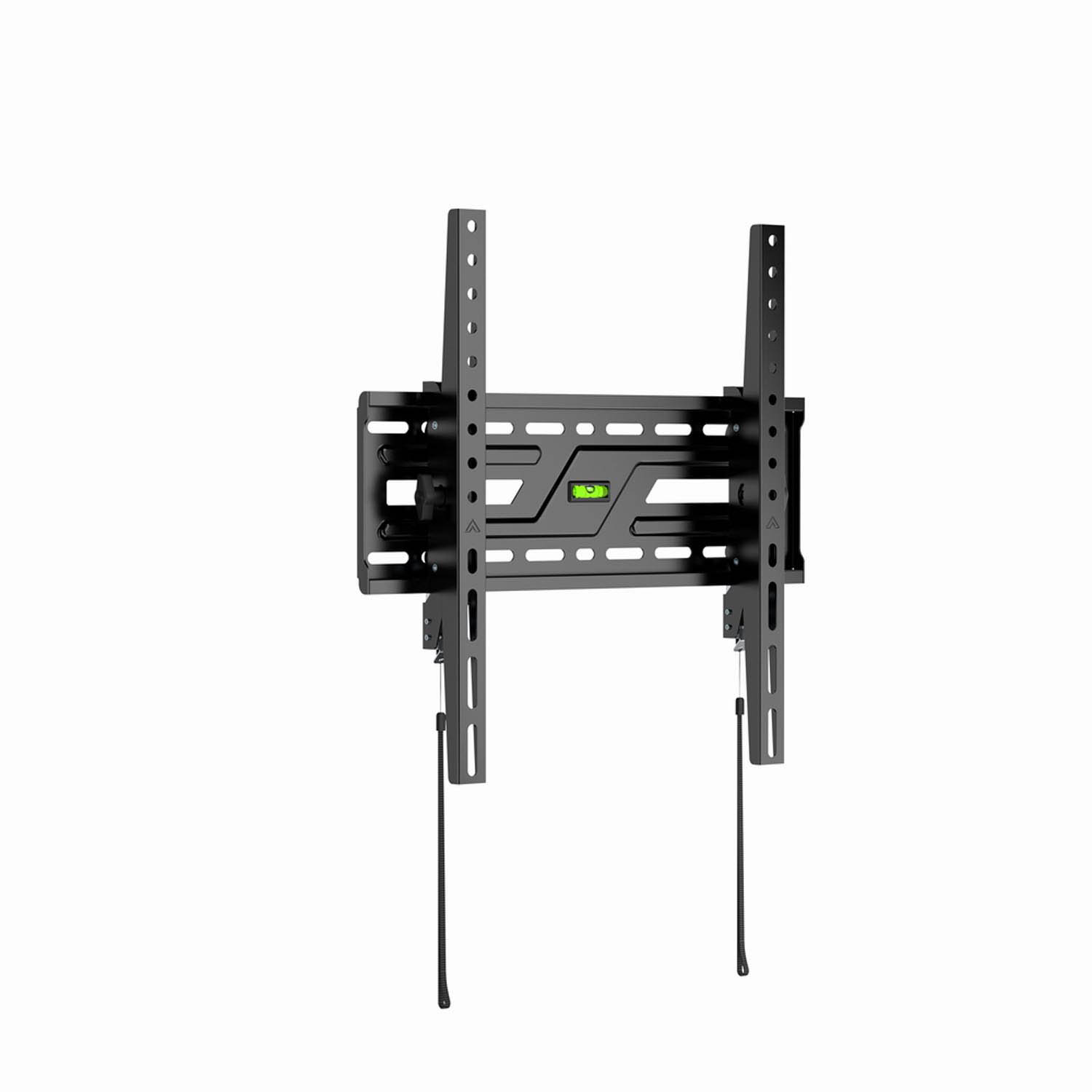 Black TV wall mount with a spirit level and hanging straps.