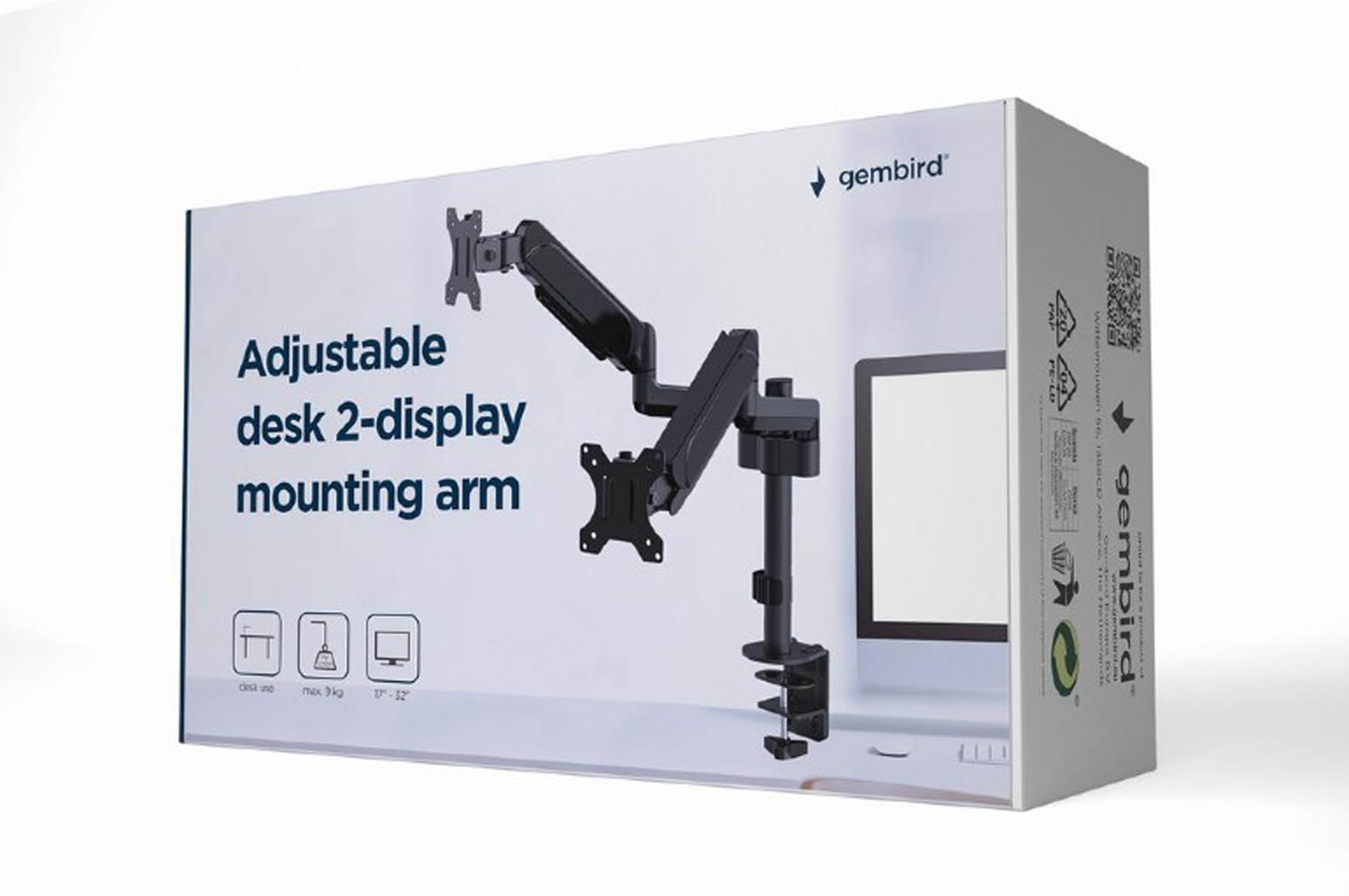 Adjustable Gembird desk mount arm for two displays, max 9kg.