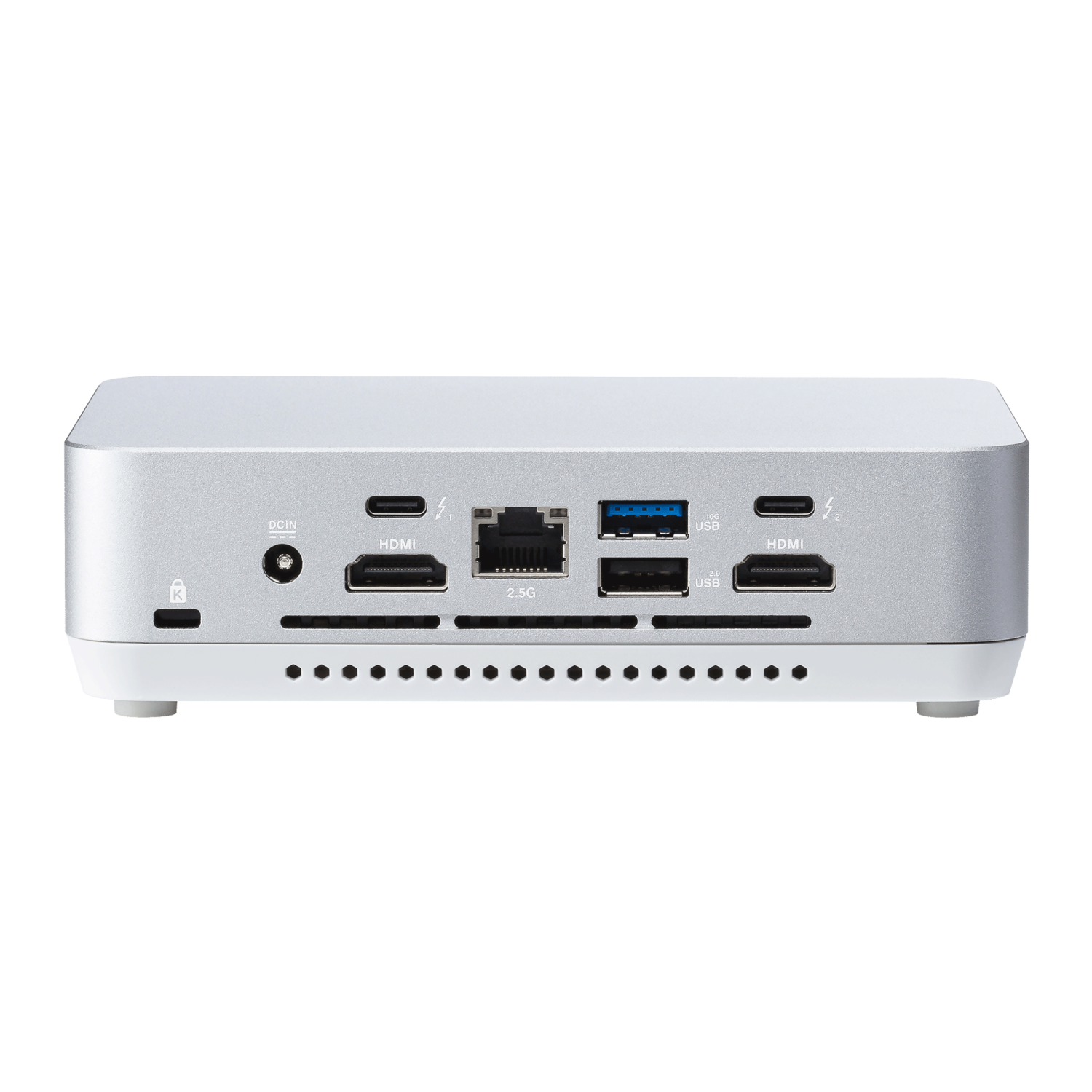 Srebrny mini PC z portami: DCIN, USB-C, HDMI, Ethernet, USB-A.