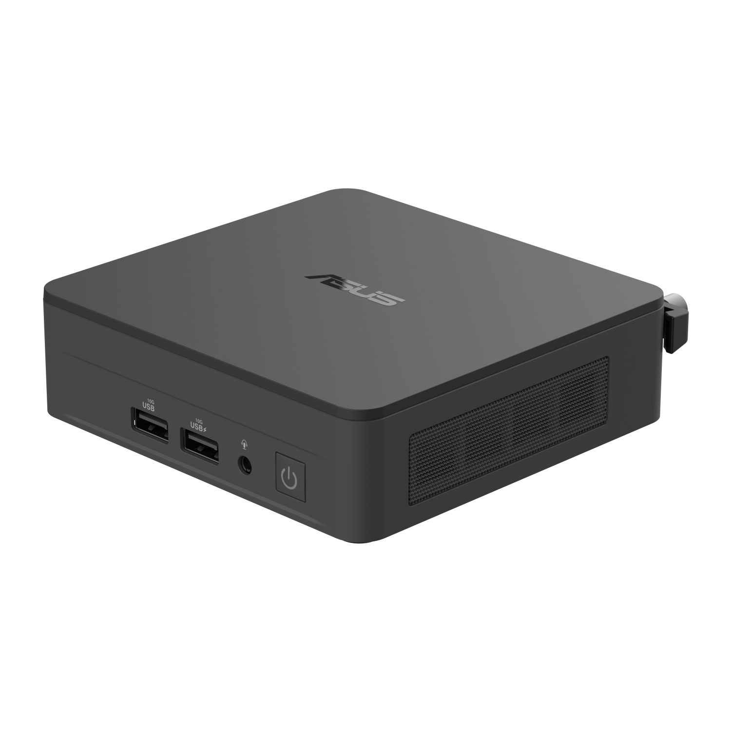 Kompaktowy, czarny mini PC ASUS z portami USB i przyciskiem zasilania.