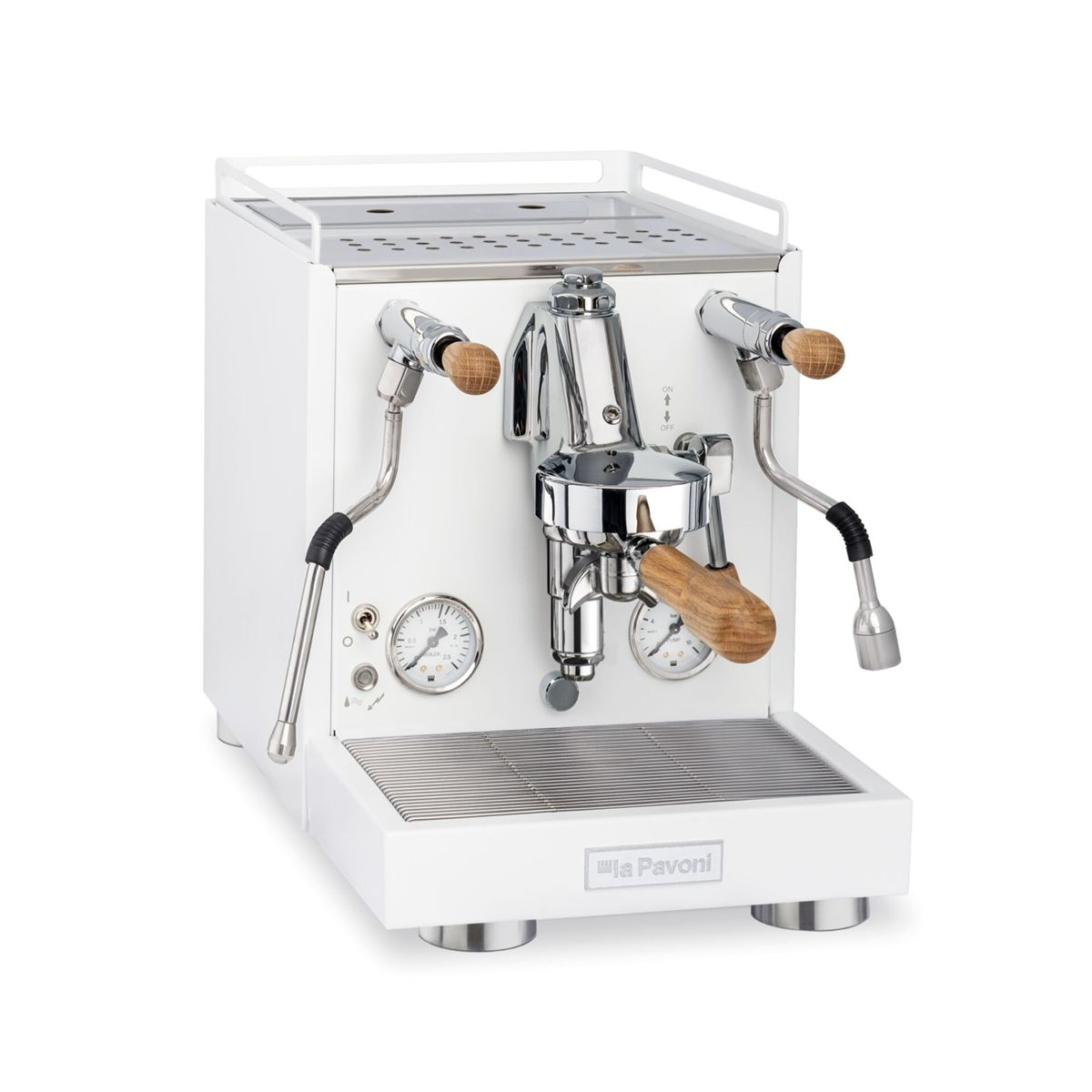 Eine weiße La Pavoni Espressomaschine mit Chromakzenten und Holzgriffen.