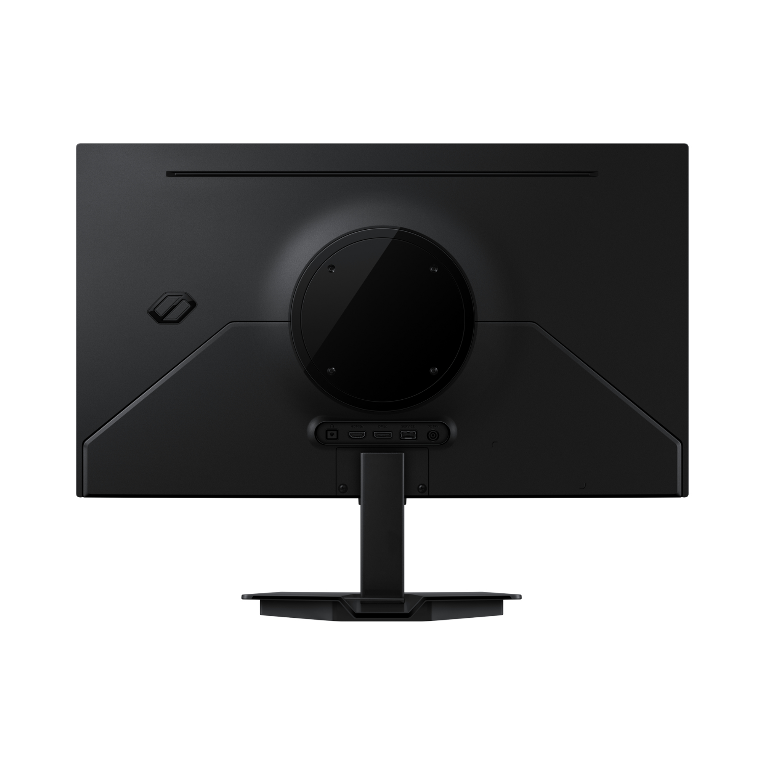 Achterkant van een zwarte monitor met poorten en standaard.