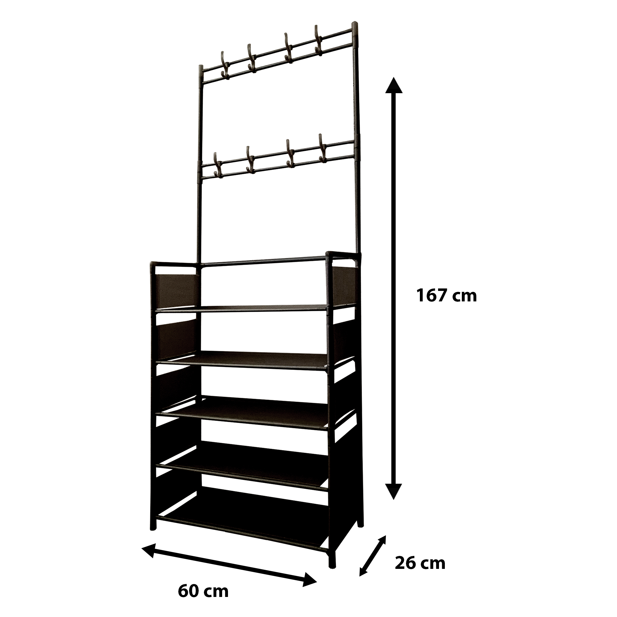 Estantería negra de cinco niveles con ganchos para abrigos arriba. Medidas: Alto 167 cm, Ancho 60 cm, Fondo 26 cm.