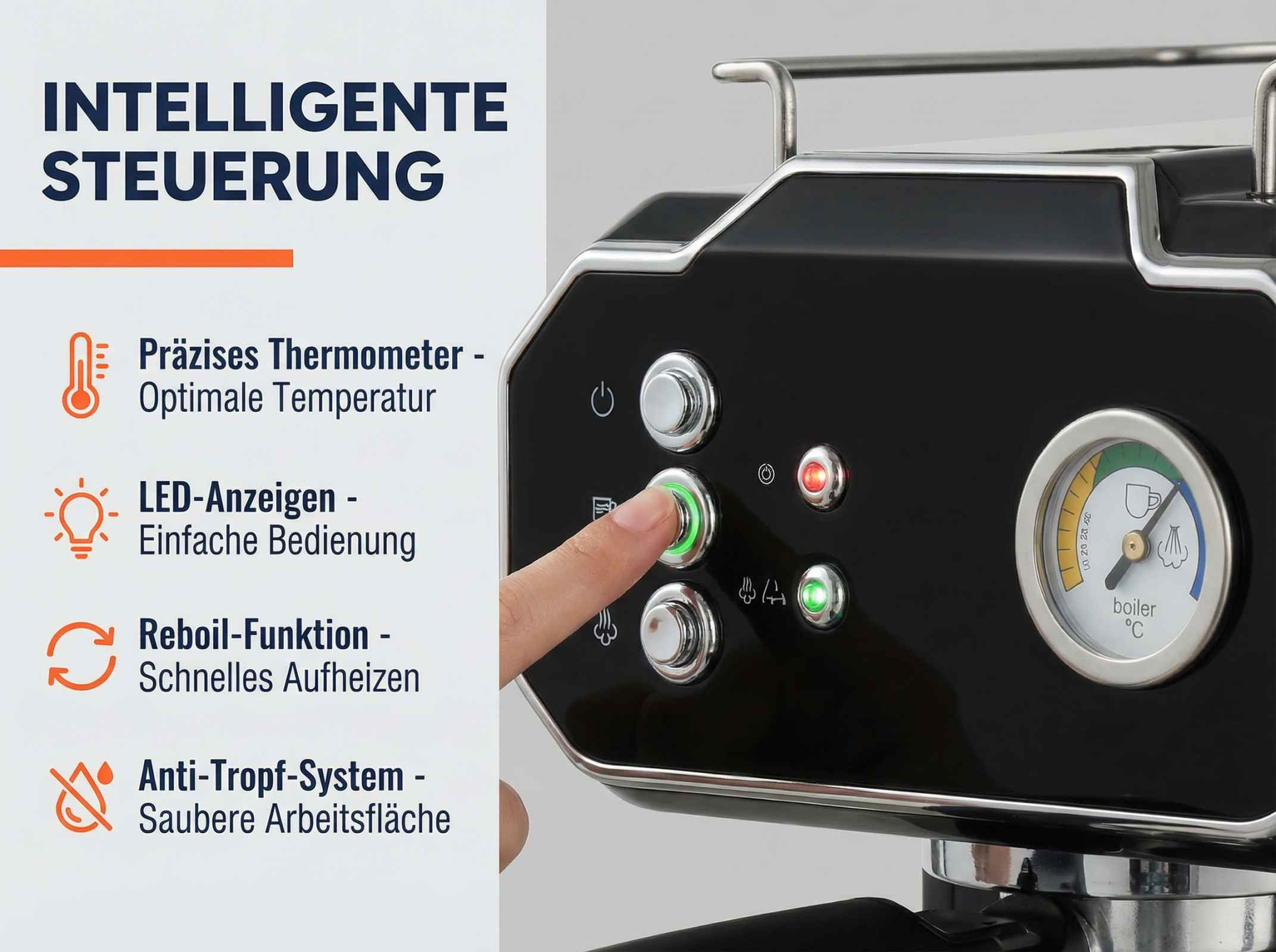 Kaffeemaschine mit Thermometer, LED-Anzeigen und Bedienelementen.