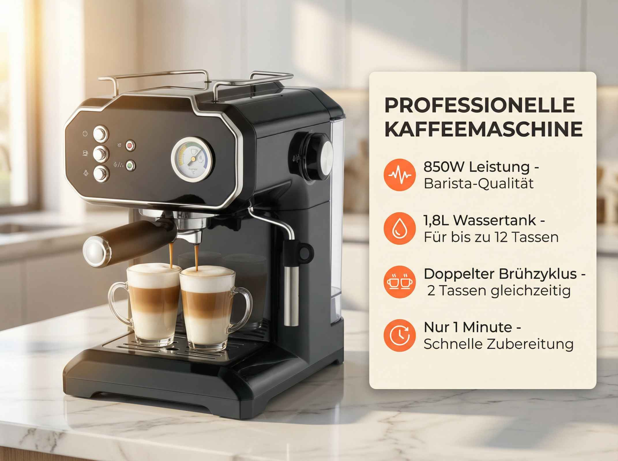 Eine schwarze Espressomaschine brüht zwei Latte Macchiato in Gläsern.