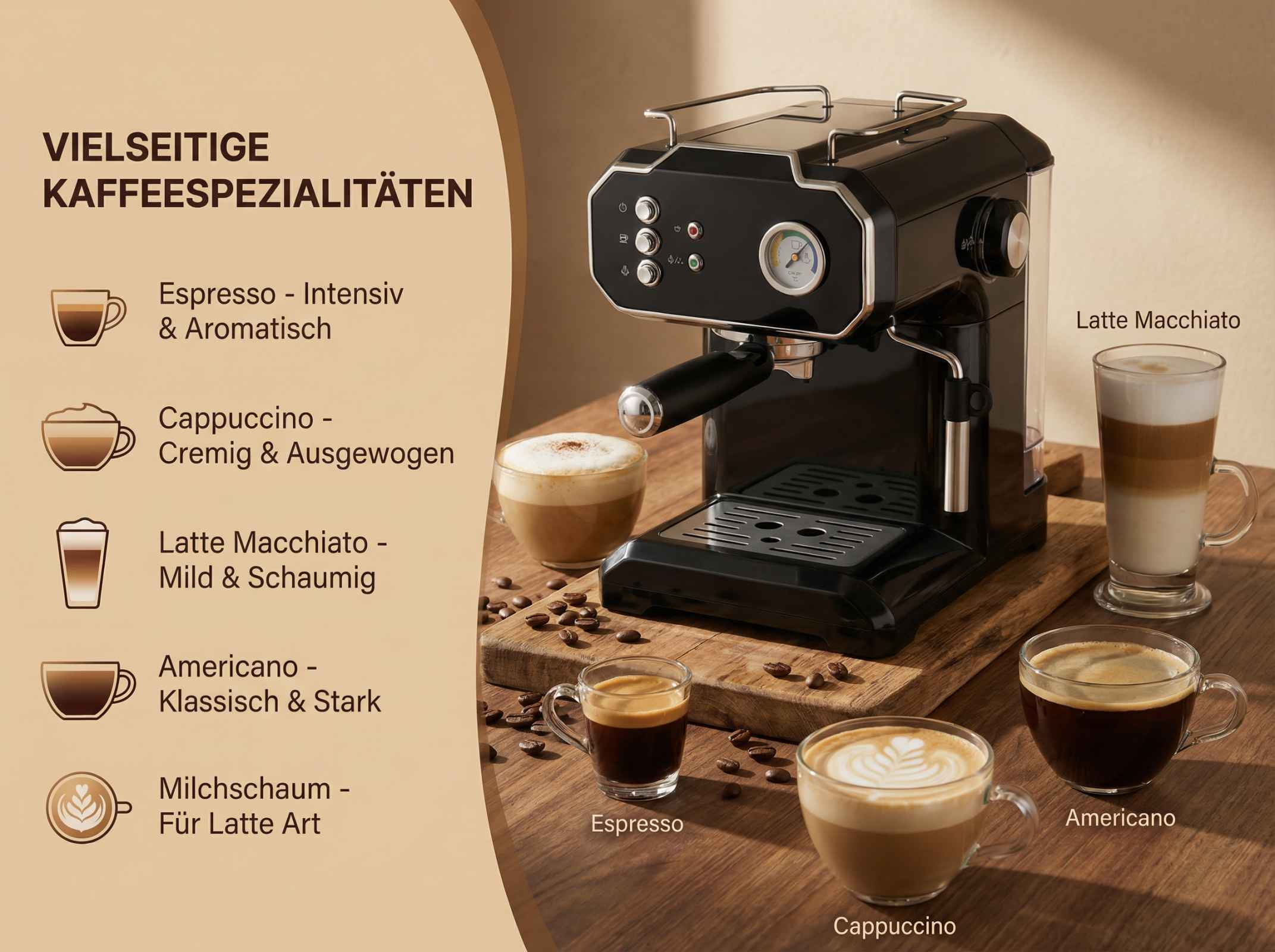Kaffeemaschine mit verschiedenen Kaffeespezialitäten: Espresso, Cappuccino, Latte Macchiato und Americano.