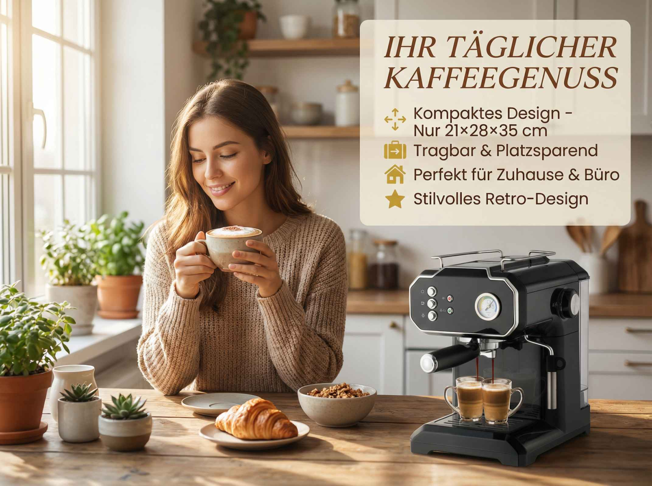 Frau genießt Kaffee, neben einer Espressomaschine, Croissant und Müsli.