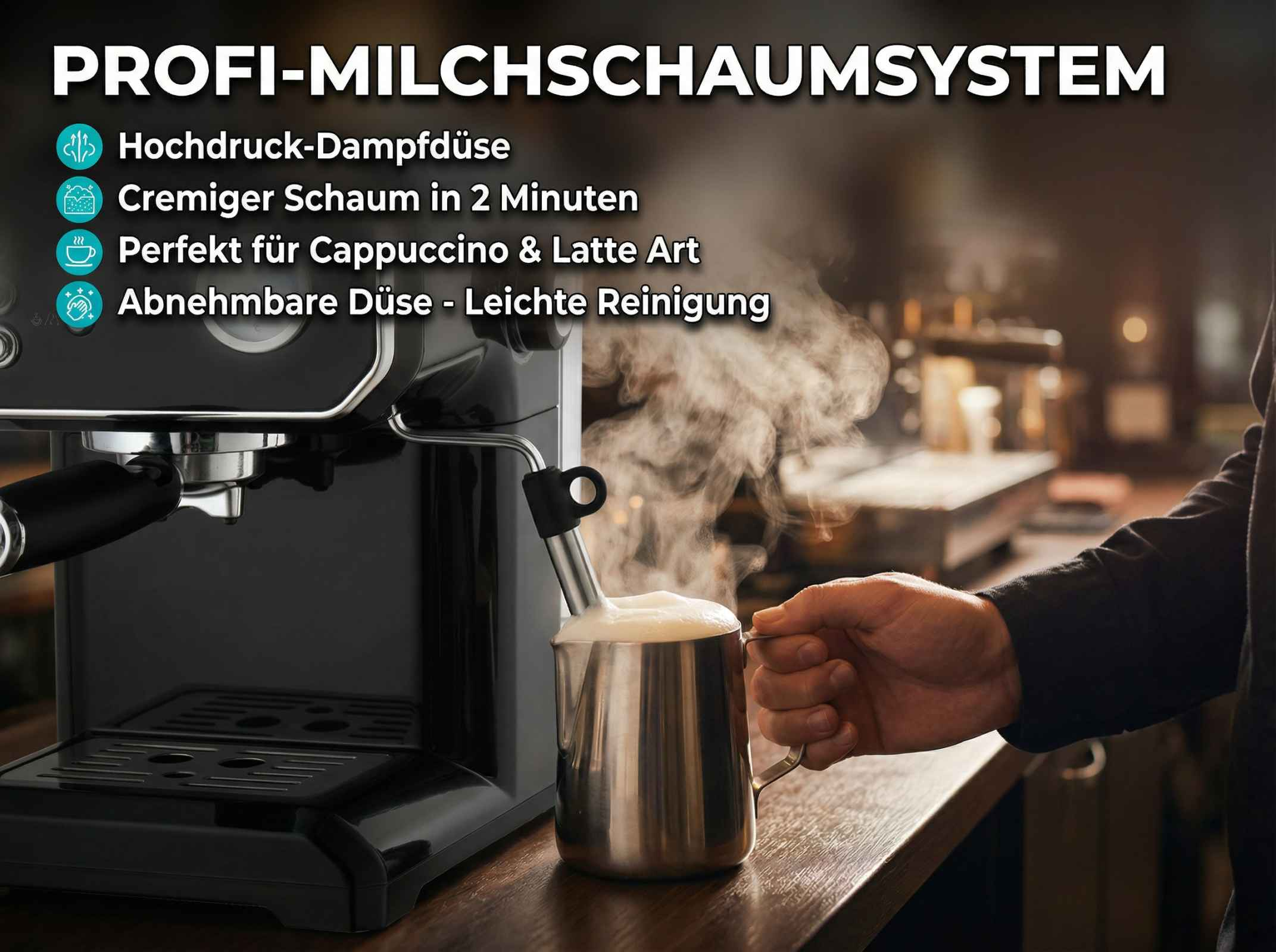 Espressomaschine mit Dampfdüse erzeugt Milchschaum in einem Metallkrug.