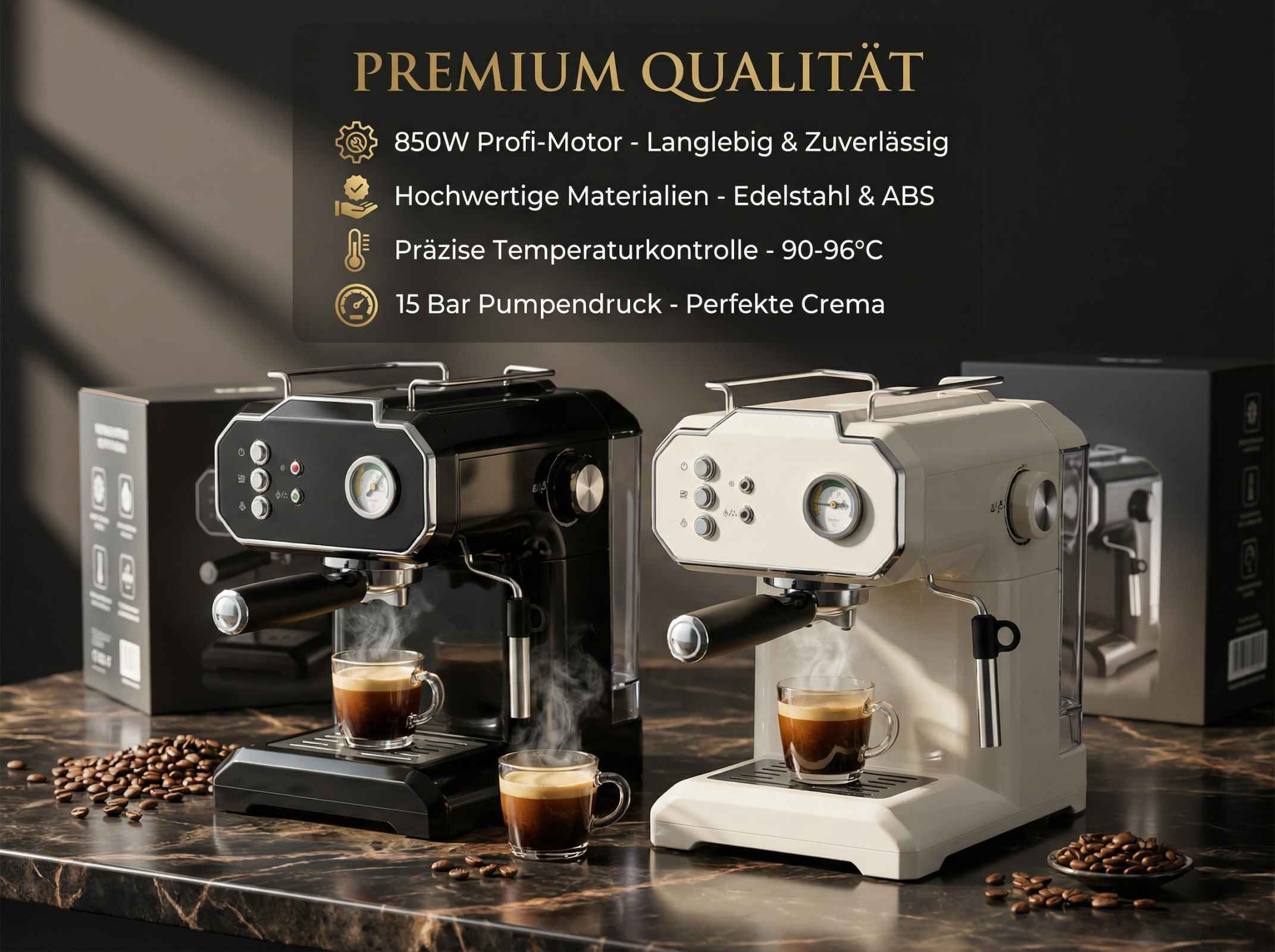 Zwei Espressomaschinen, schwarz und cremefarben, mit je einer Tasse dampfenden Espresso.
