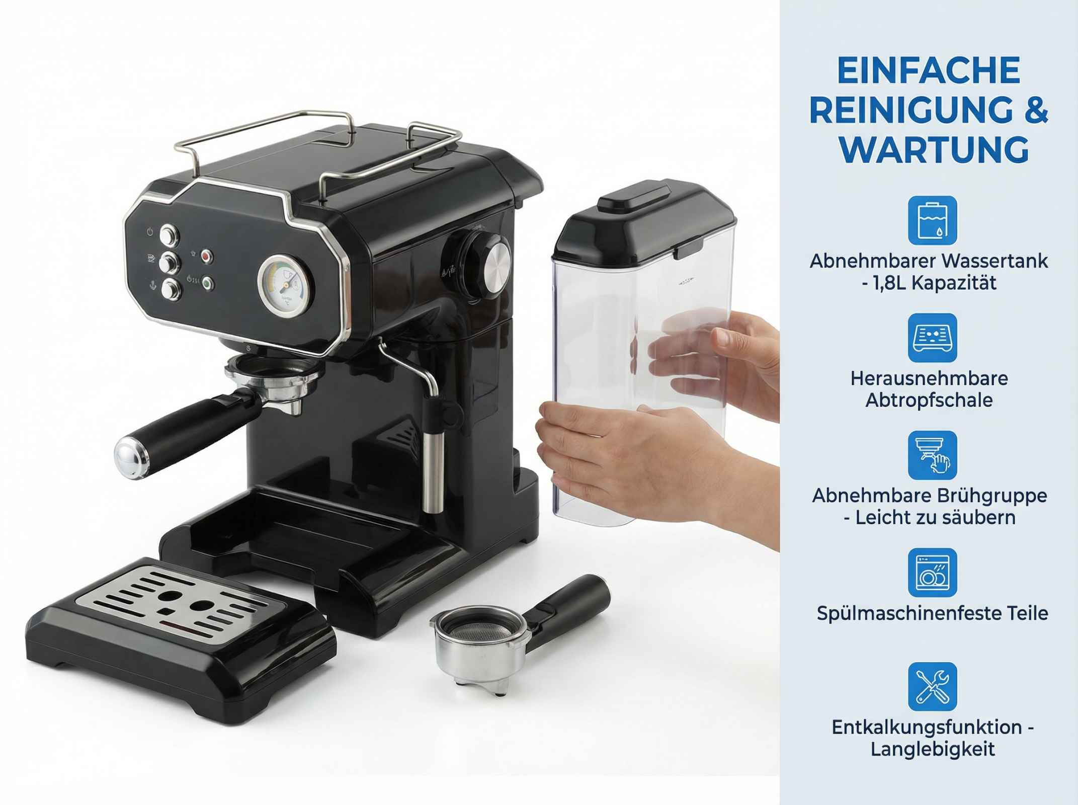 Schwarze Kaffeemaschine mit abnehmbarem Wassertank und Abtropfschale.