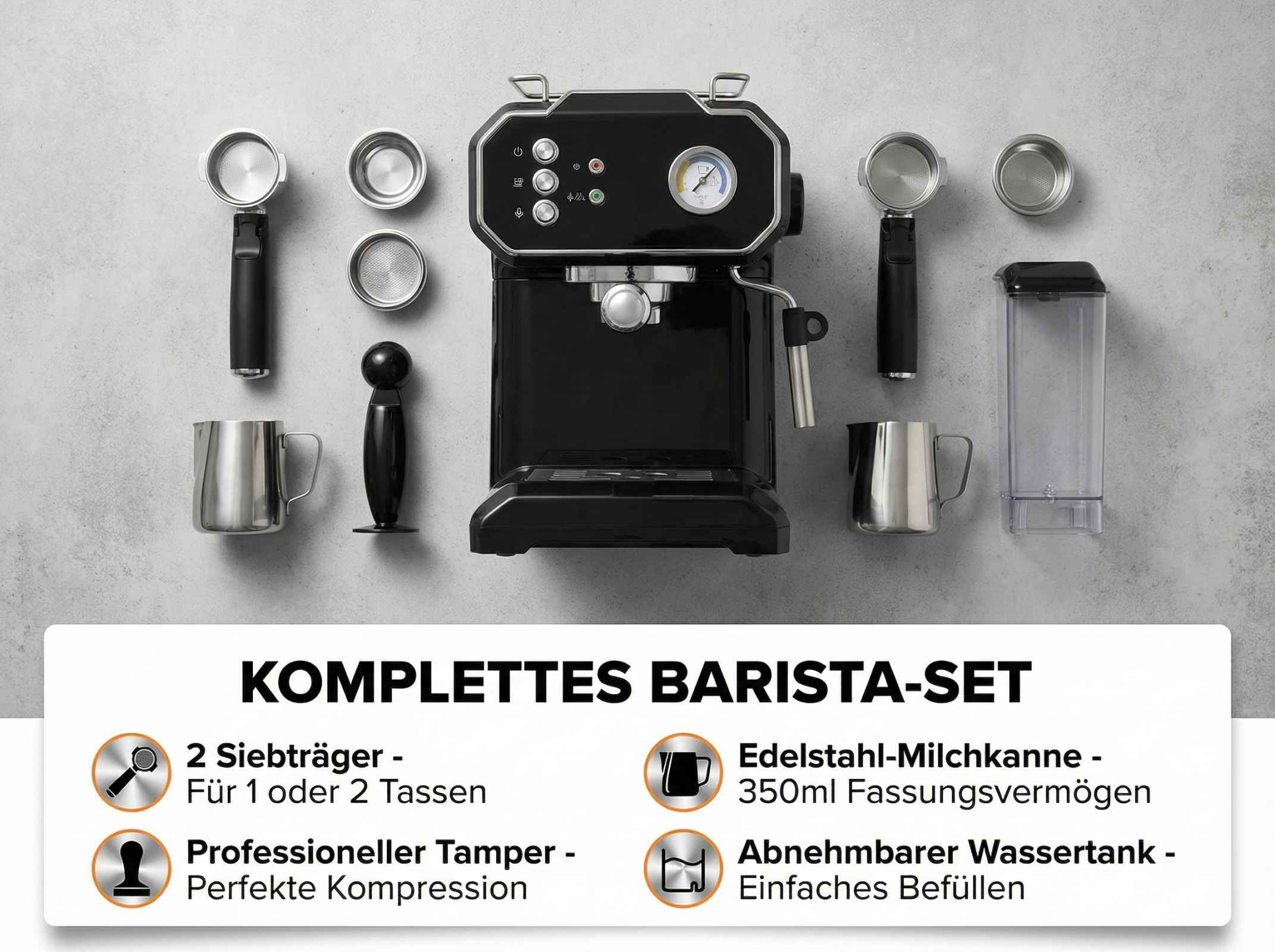Ein schwarzes Barista-Set mit Espressomaschine, Siebträgern, Tamper, Milchkanne und Wassertank.