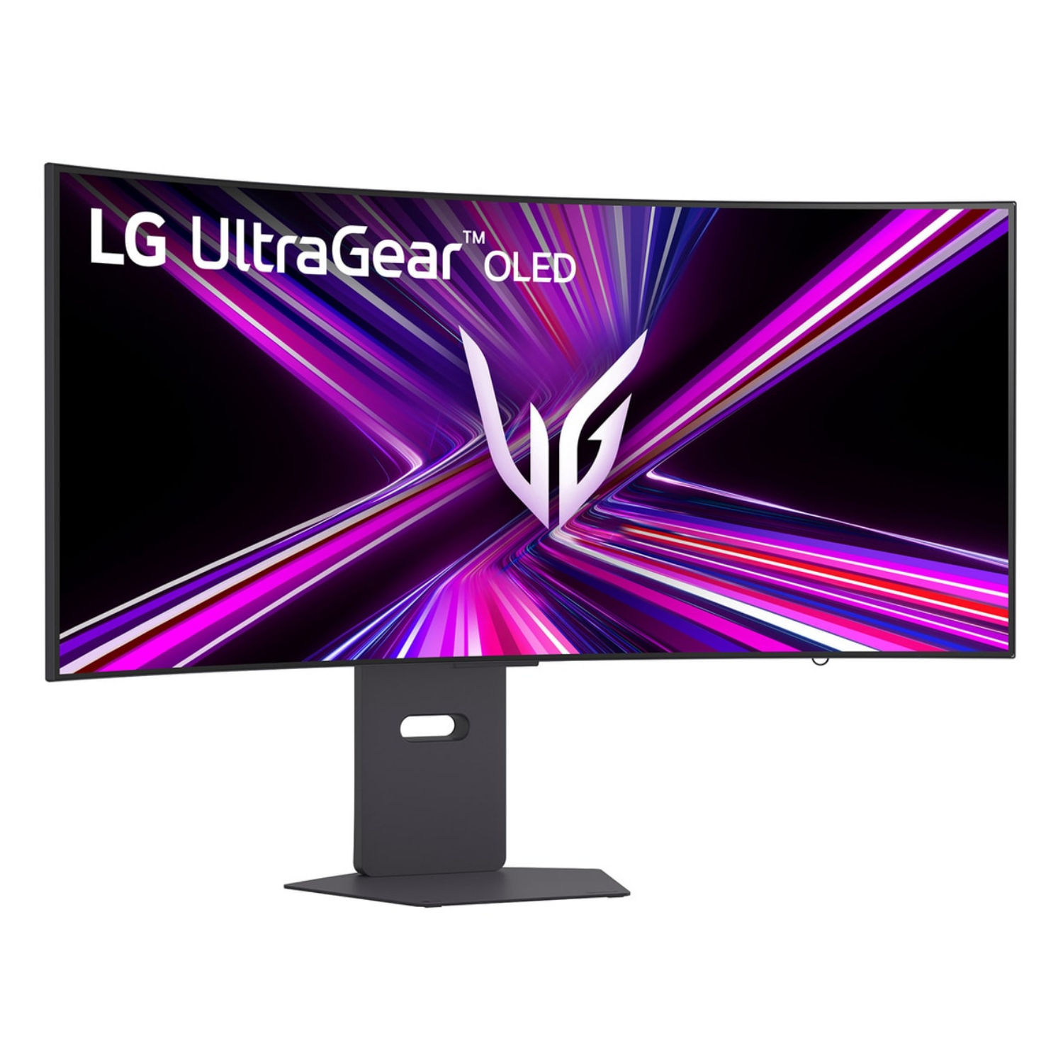 Zakrzywiony monitor LG UltraGear OLED z żywą, abstrakcyjną grafiką w fioletowych barwach.