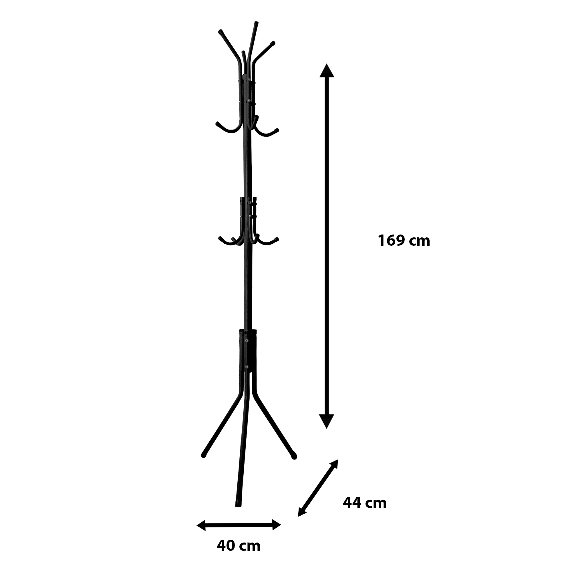 Perchero negro, 169cm alto, 40cm ancho, 44cm profundo.