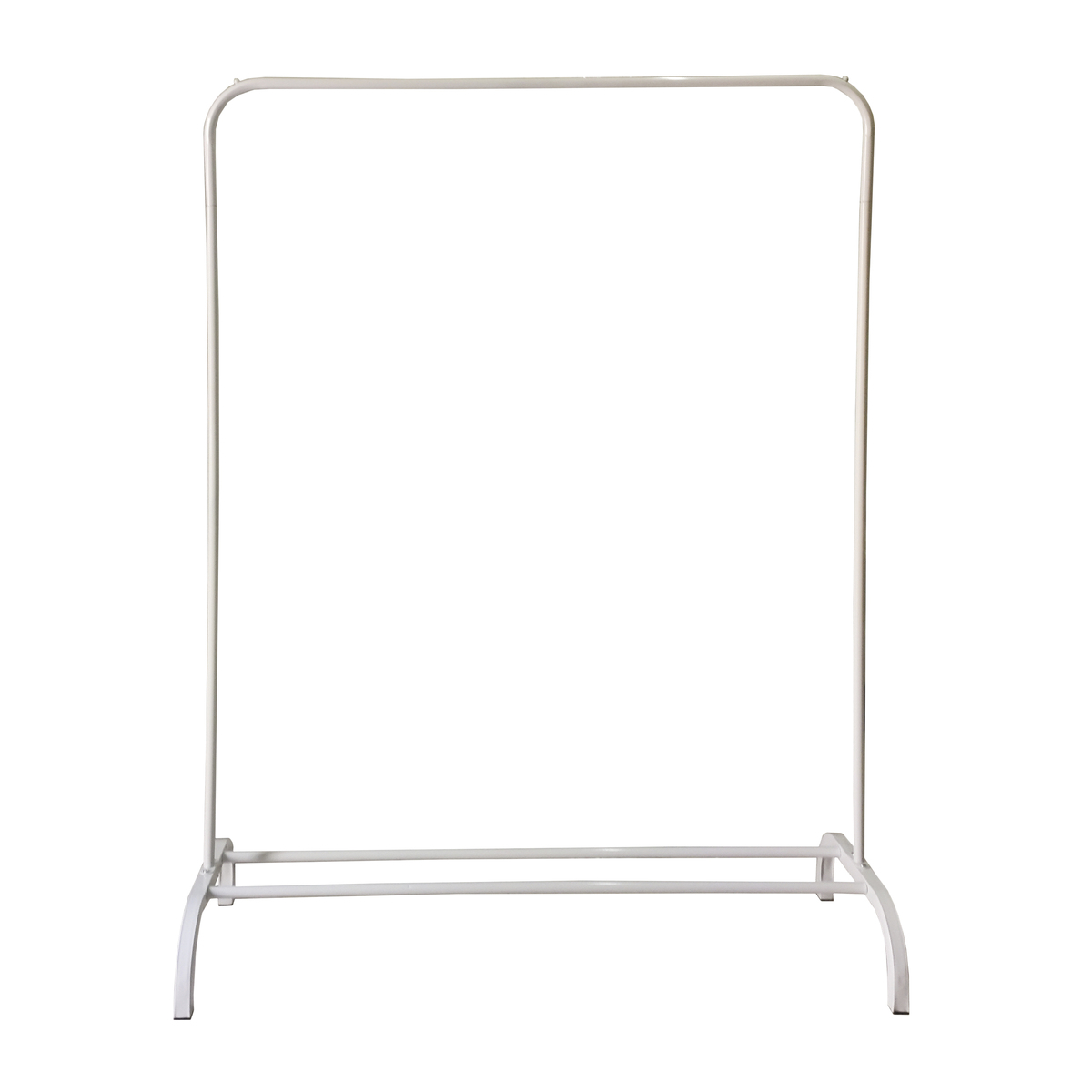 Un perchero blanco con patas curvas y barra horizontal.