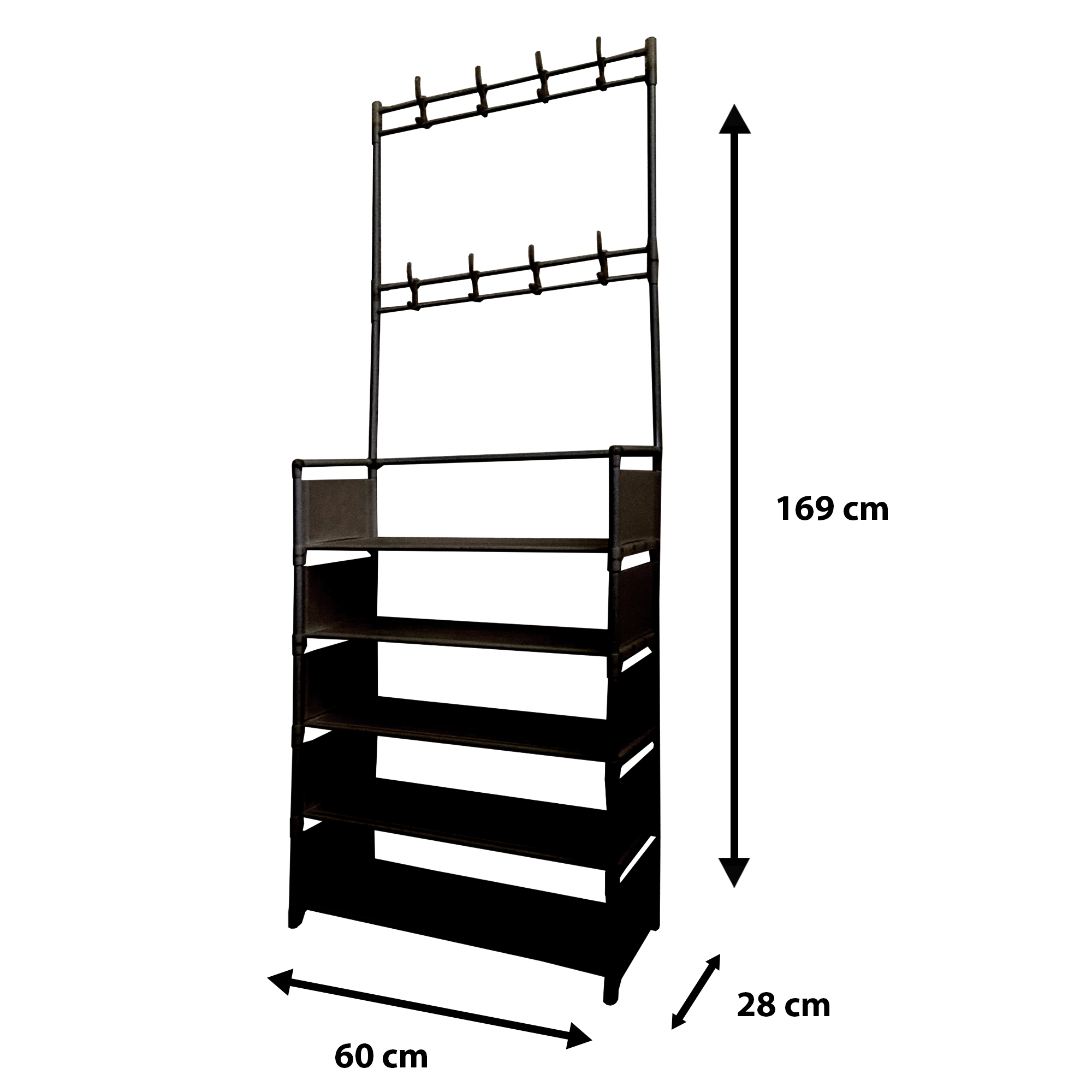 Un estante negro con 5 niveles y ganchos para abrigos arriba. Dimensiones: 169x60x28cm.