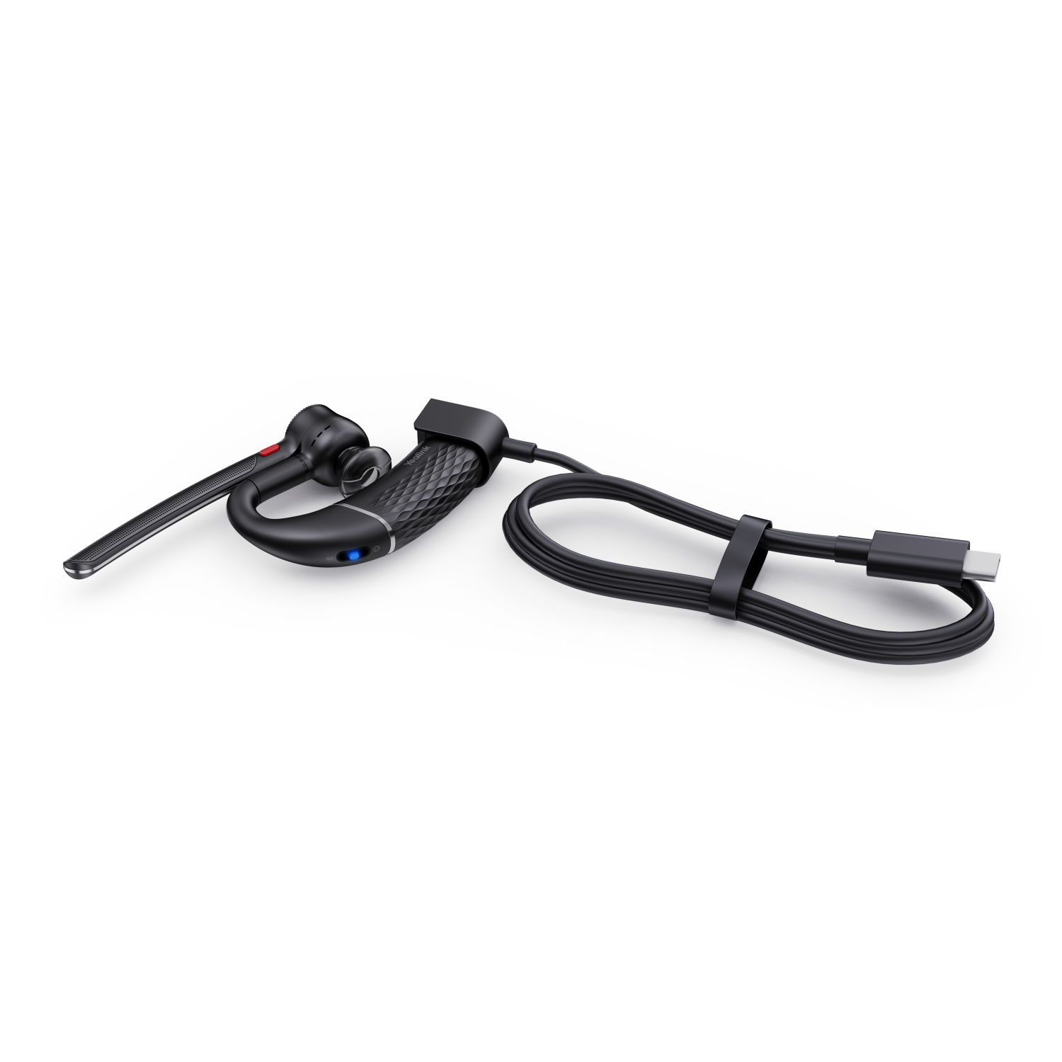 Auricolare Bluetooth nero con cavo di ricarica USB-C su sfondo bianco.